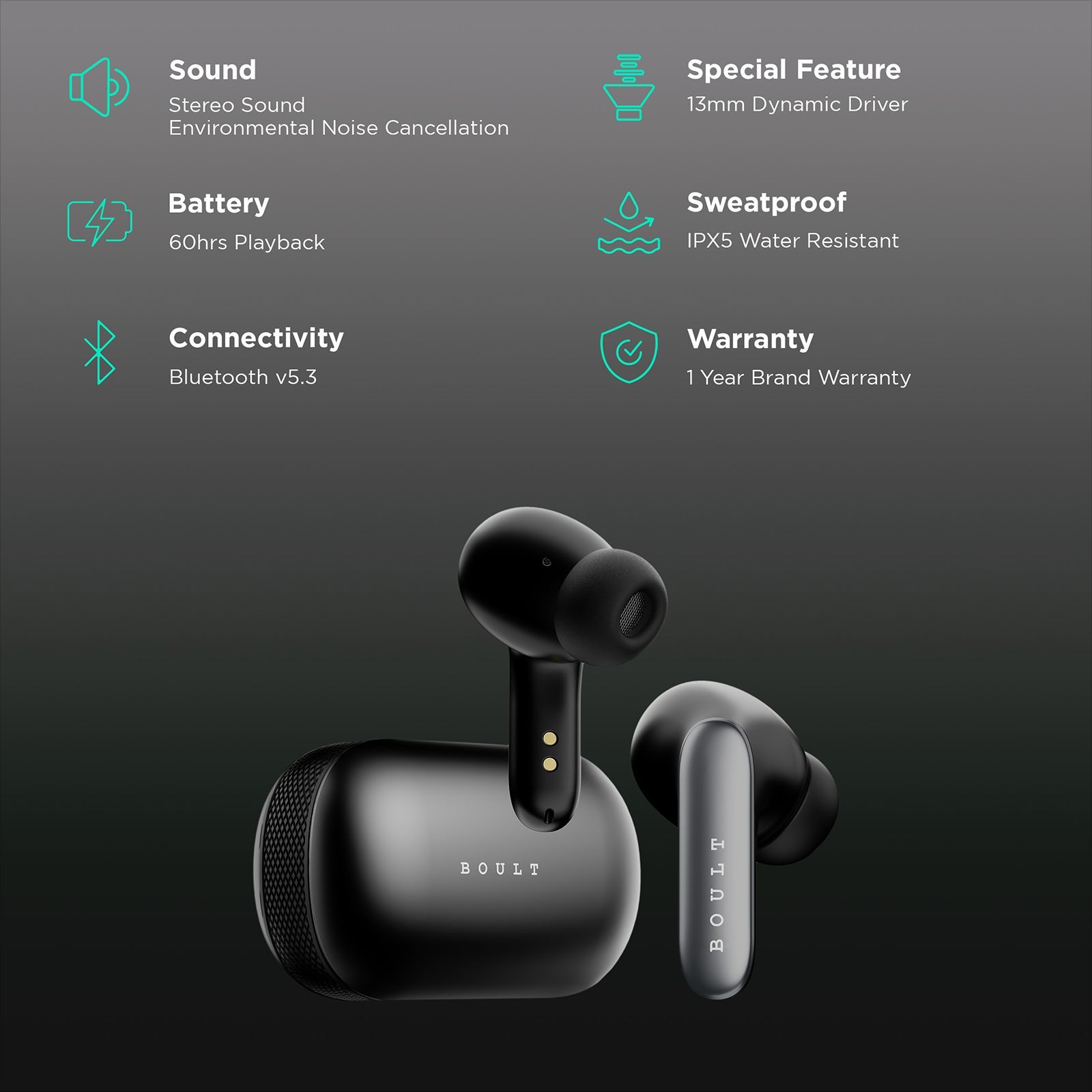 GOBOULT AirBass Y1 Pro TWS Earbuds with Environmental Noise Cancellation (Fast Charging, Black)_2