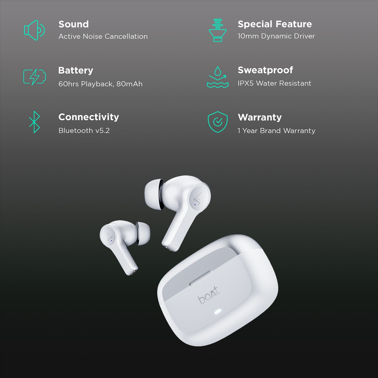 boAt Airdopes Flex 454 ANC TWS Earbuds with Active Noise Cancellation (IPX5 Water Resistant, ASAP Charge, Zinc White)_2