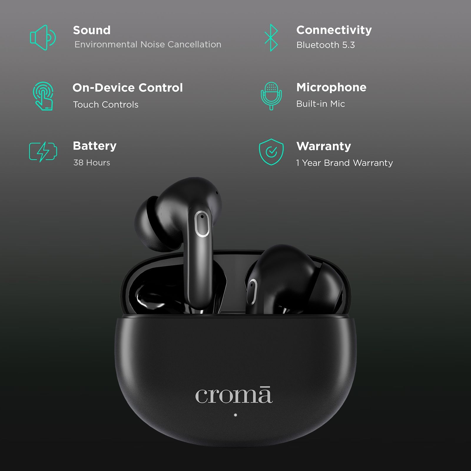 Croma CRSE045EPA030201 TWS Earbuds with Environmental Noise Cancellation (IPX4 Water Resistant, Siri & Google Voice Assistant, Black) Croma CRSE045EPA030201 TWS Earbuds with Environmental Noise Cancellation (IPX4 Water Resistant, Siri & Google Voice Assistant, Black)_2