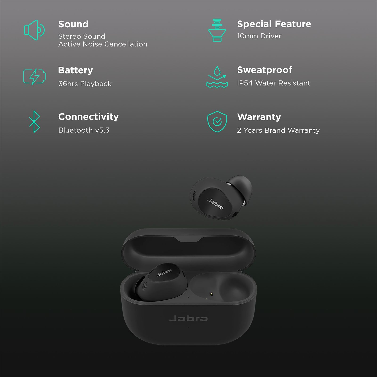 Jabra Elite 10 TWS Earbuds with Active Noise Cancellation (Fast Charging, Gloss Black)_2