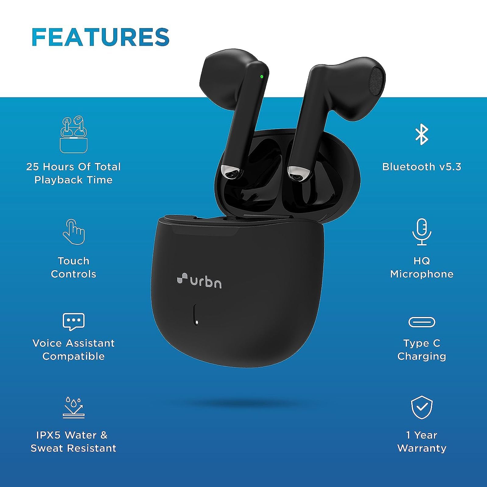 urbn Beat 400 TWS Earbuds with Noise Isolation (IPX5 Water Resistant, Fast Charging, Black)_2