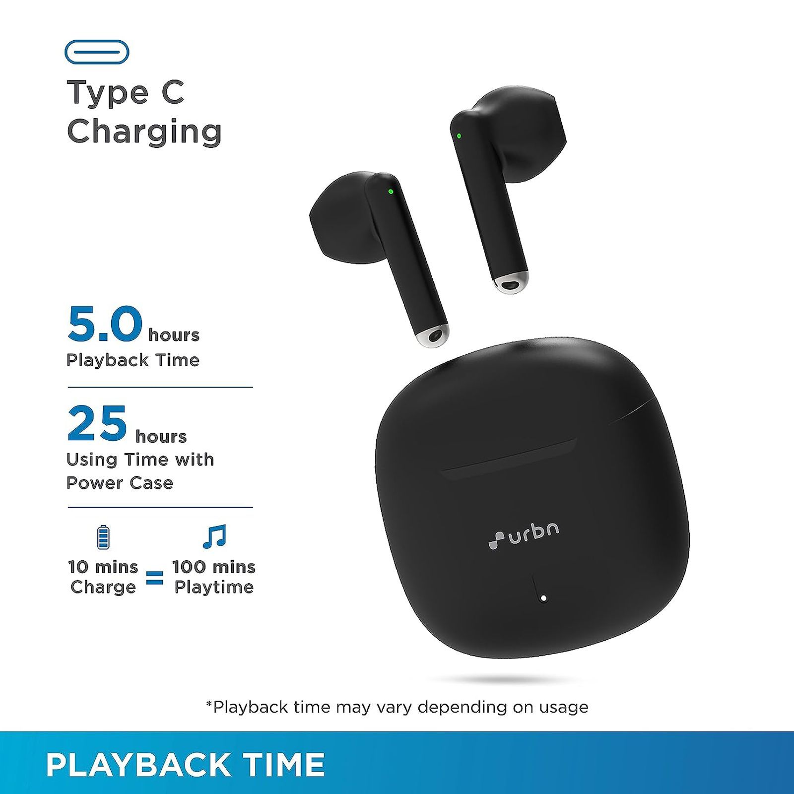 urbn Beat 400 TWS Earbuds with Noise Isolation (IPX5 Water Resistant, Fast Charging, Black)_3