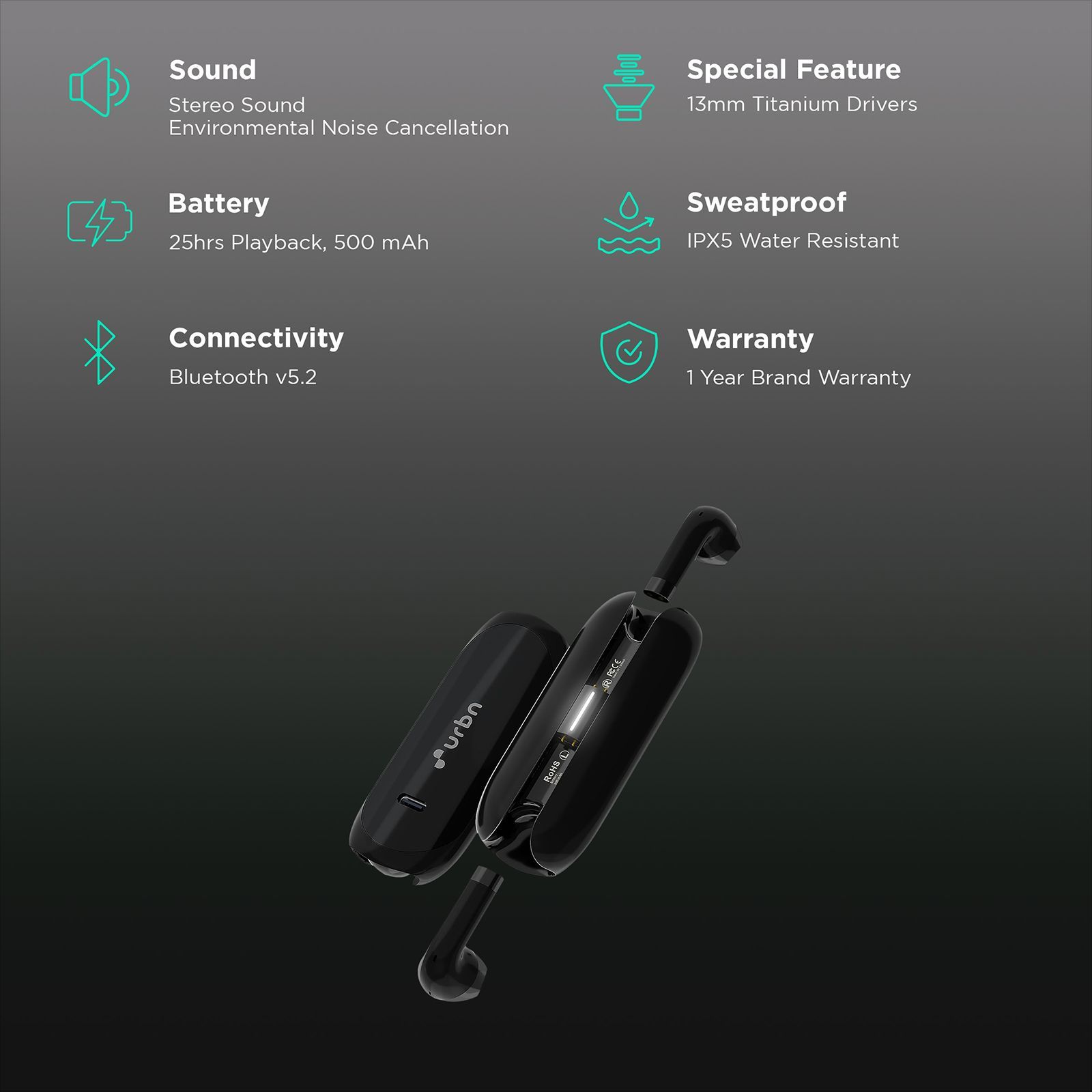 urbn Beat 800 TWS Earbuds with Environmental Noise Cancellation (IPX5 Water Resistant, Fast Charging, Black)_2