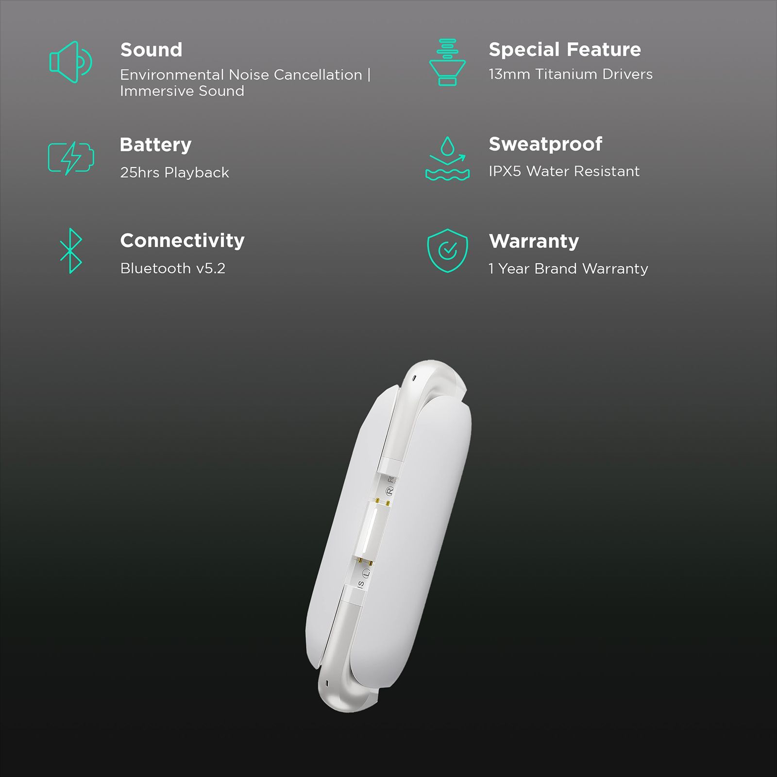 urbn Beat 800 TWS Earbuds with Environmental Noise Cancellation (IPX5 Water Resistant, Fast Charging, White)_2