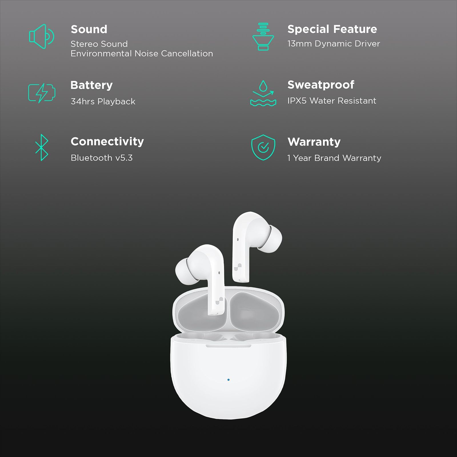 urbn Beat 900 TWS Earbuds with Environmental Noise Cancellation (IPX5 Water Resistant, Fast Charging, White)_2