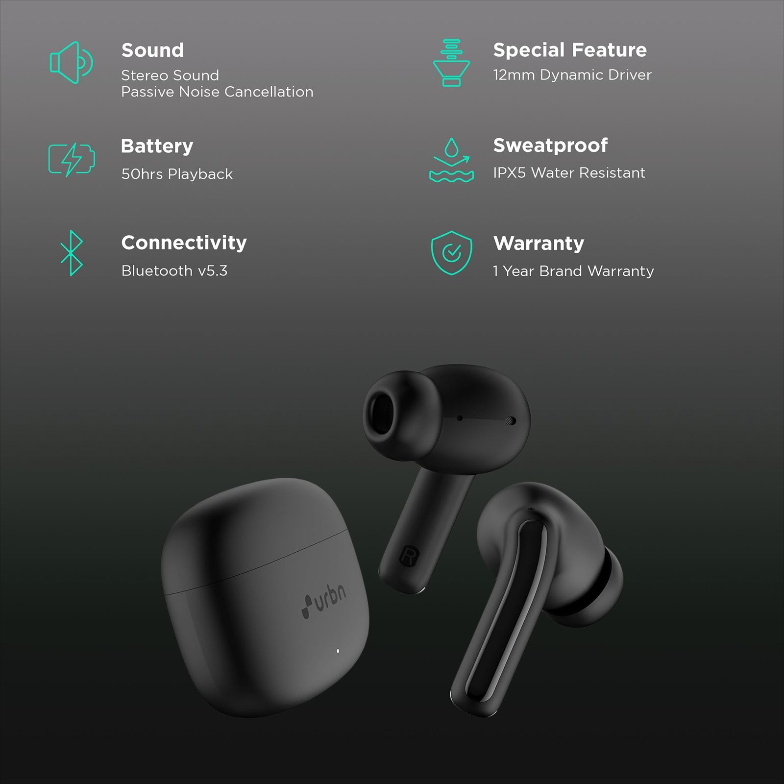 urbn Beat 650 TWS Earbuds with Environmental Noise Cancellation (IPX5 Water Resistant, Fast Charging, Black)_2