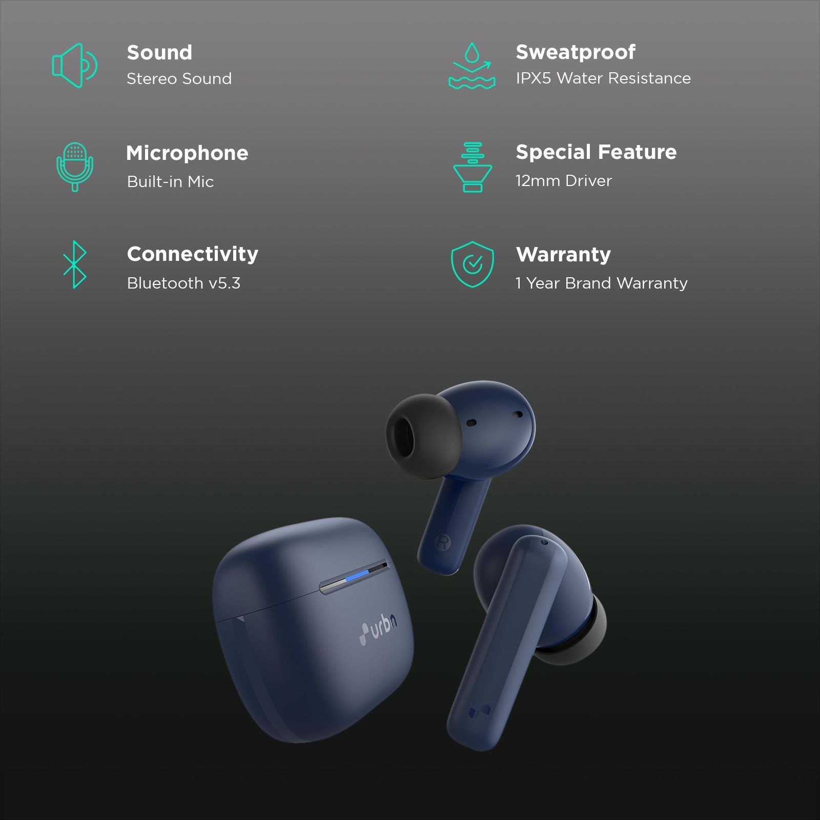 urbn Beat 700 TWS Earbuds with Active Noise Cancellation (IPX5 Water Resistant, Fast Charging, Blue)_2