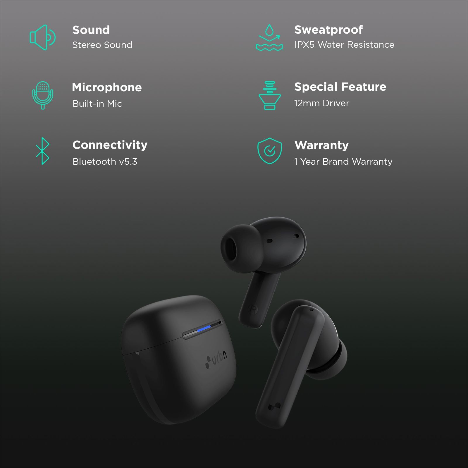 urbn Beat 700 TWS Earbuds with Active Noise Cancellation (IPX5 Water Resistant, Fast Charging, Black)_2