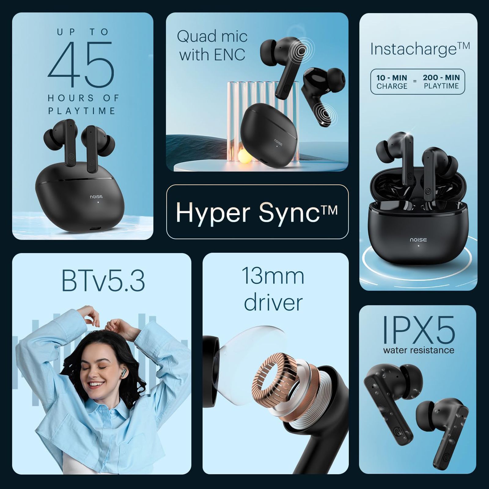 noise Air Buds 3 TWS Earbuds with Environmental Noise Cancellation (IPX5 Water Resistant, Instacharge, Jet Black)_6