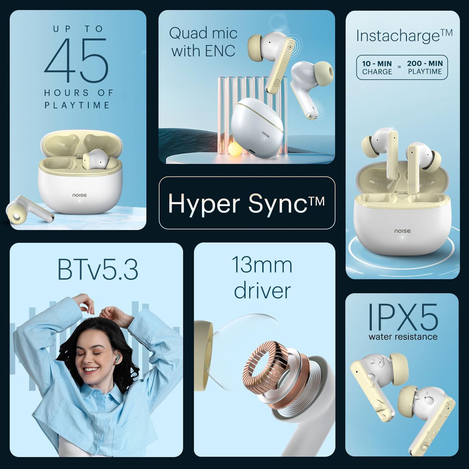 noise Air Buds 3 TWS Earbuds with Environmental Noise Cancellation (IPX5 Water Resistant, Instacharge, Serene White)_6