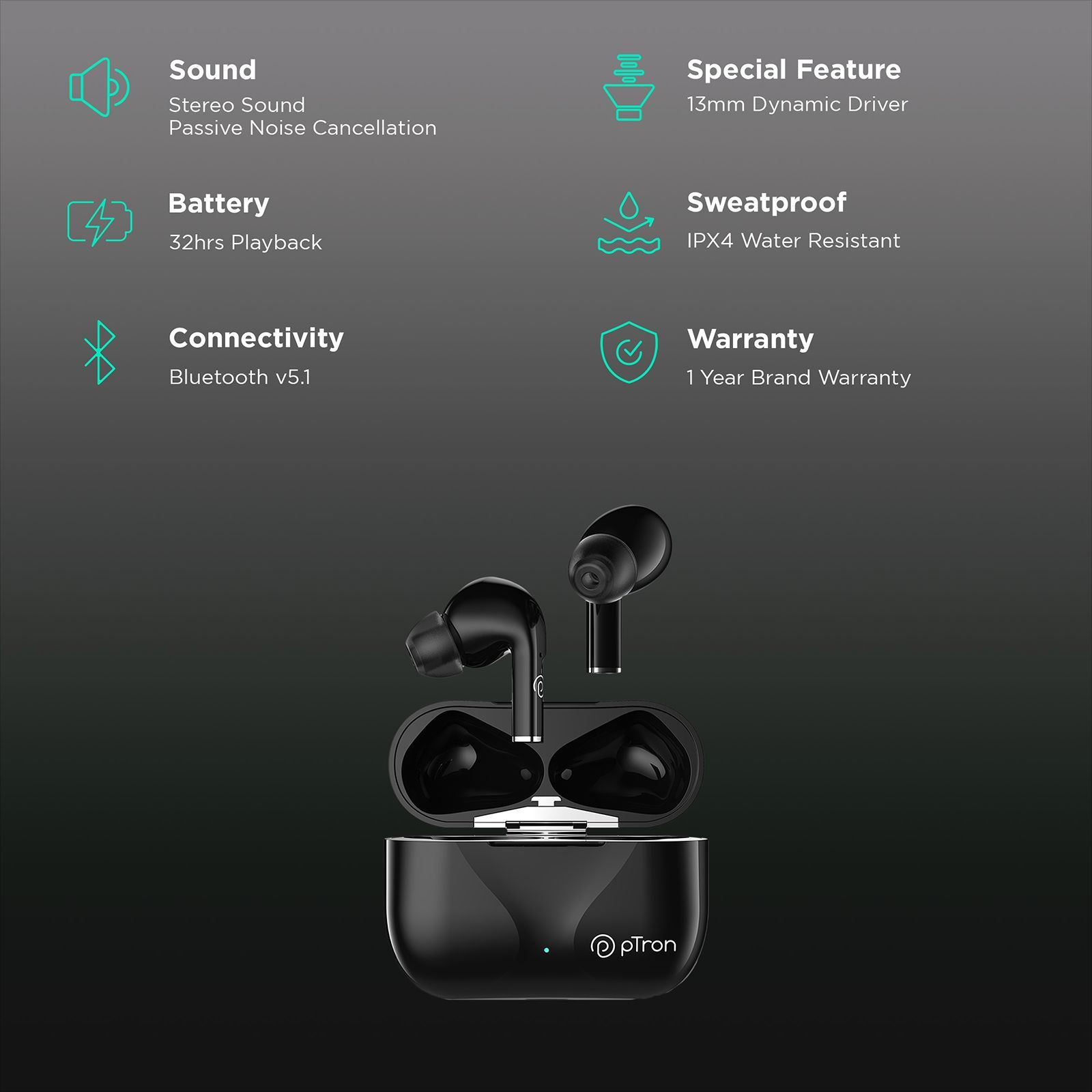 pTron Basspods P181 TWS Earbuds with Passive Noise Cancellation (IPX4 Water Resistant, 32 Hours Playtime, Black)_2