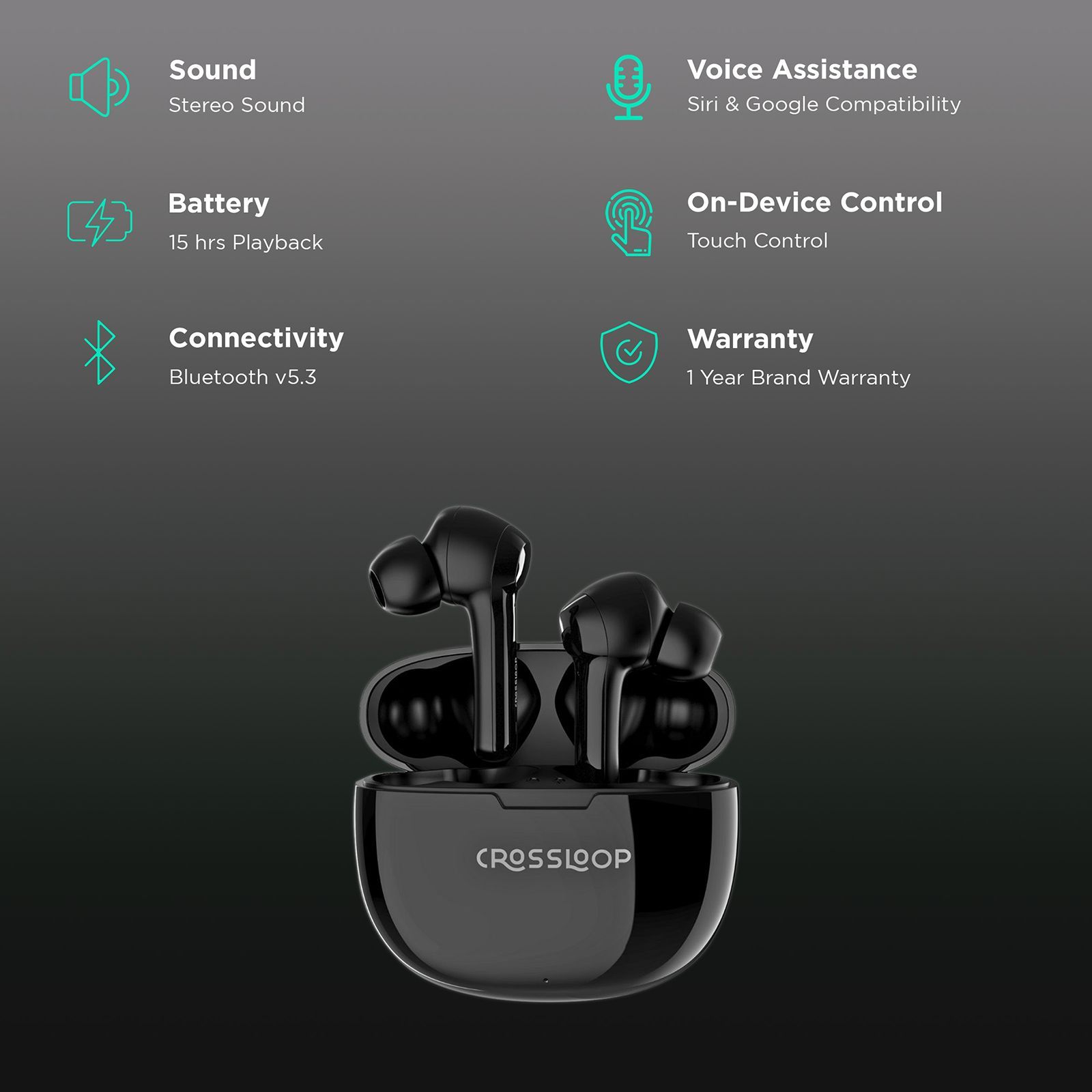 CROSSLOOP Lordz Gen 121 TWS Earbuds (IPX4 Water Resistant, Fast Charging, Black)_2