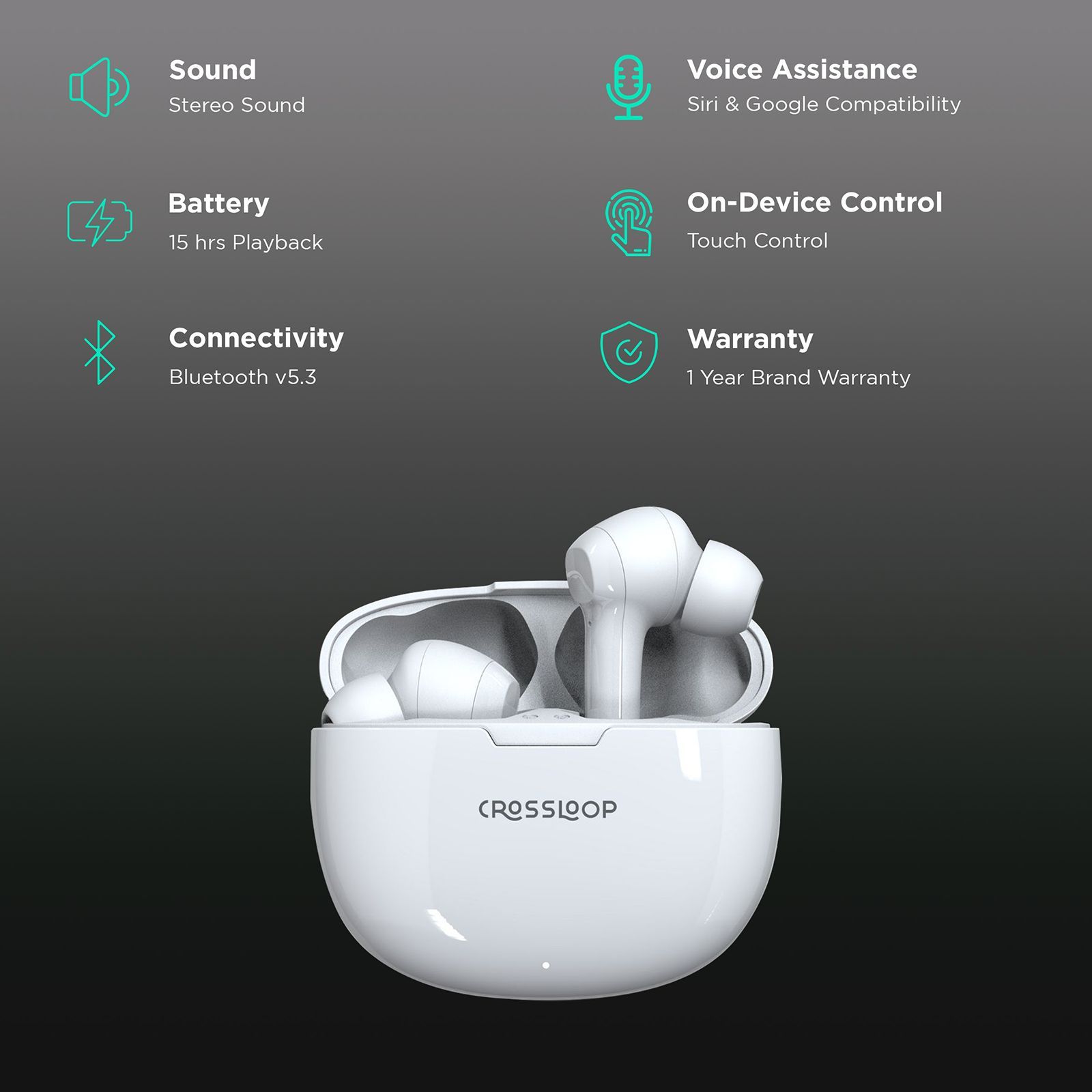 CROSSLOOP Lordz Gen 121 TWS Earbuds (IPX4 Water Resistant, Fast Charging, White)_2