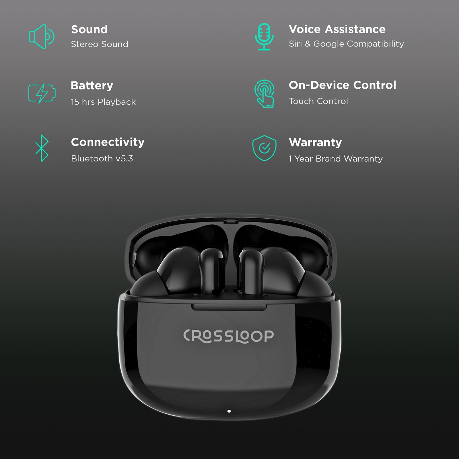 CROSSLOOP Freedom Podz TWS Earbuds with No Noise Cancellation (10mm Driver, Black)_2