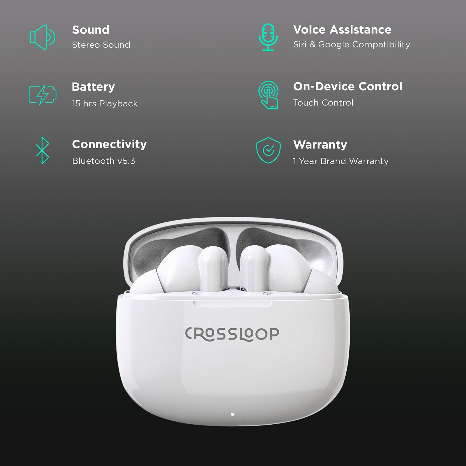 CROSSLOOP Freedom Podz TWS Earbuds with No Noise Cancellation (10mm Driver, White)_2