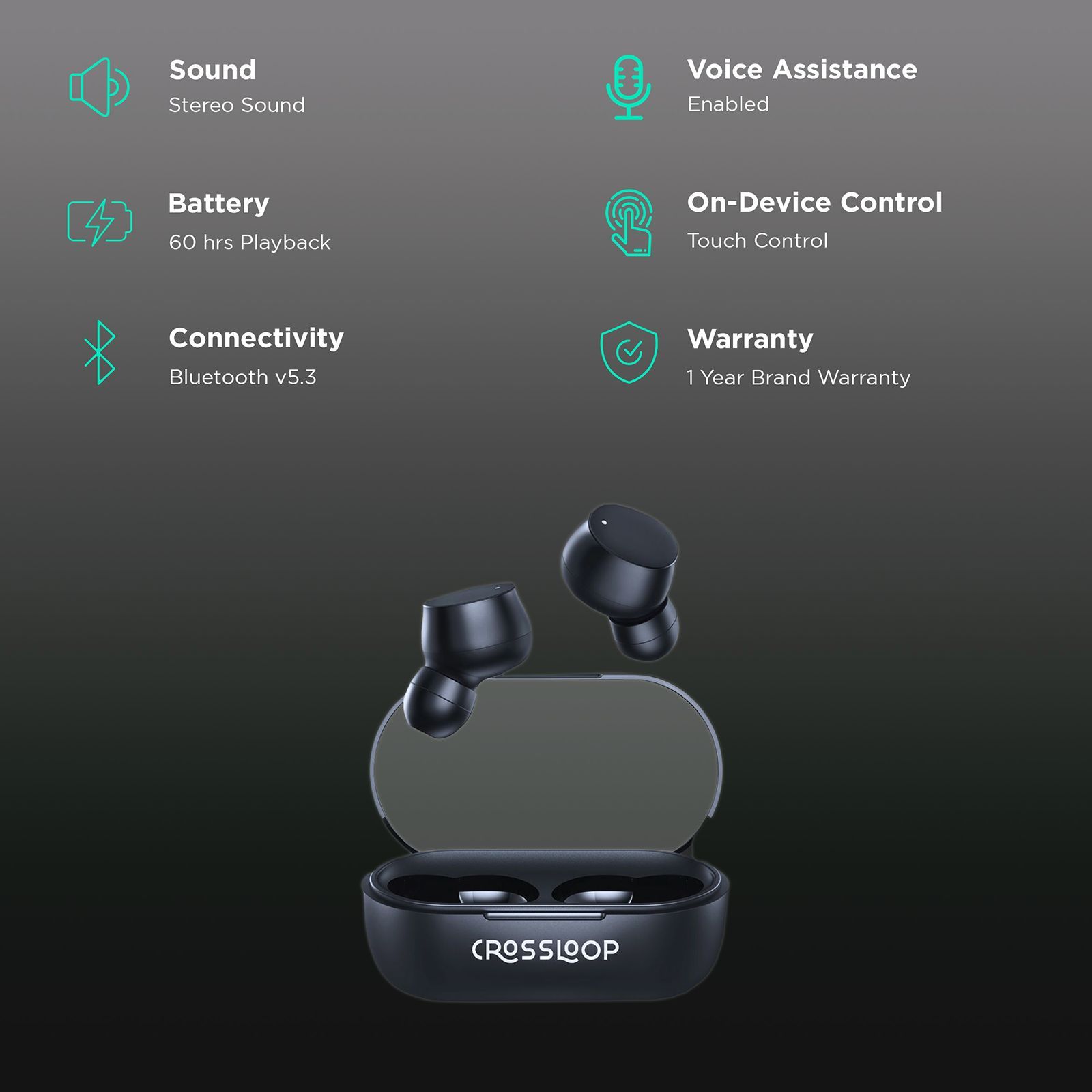 CROSSLOOP Bliss Podz Gen 421 TWS Earbuds (IPX3 Sweat Resistant, Auto Pairing, Black)_2