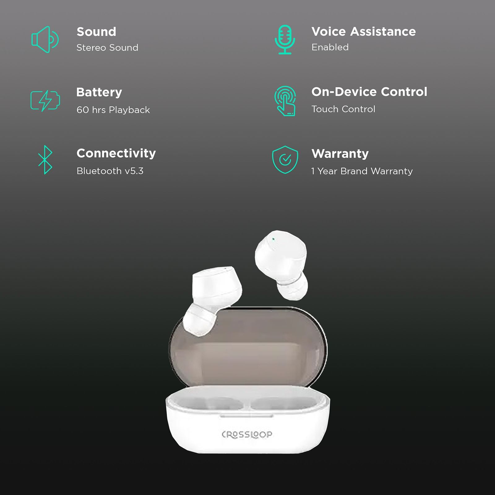 CROSSLOOP Bliss Podz Gen 421 TWS Earbuds (IPX3 Sweat Resistant, Auto Pairing, White)_2