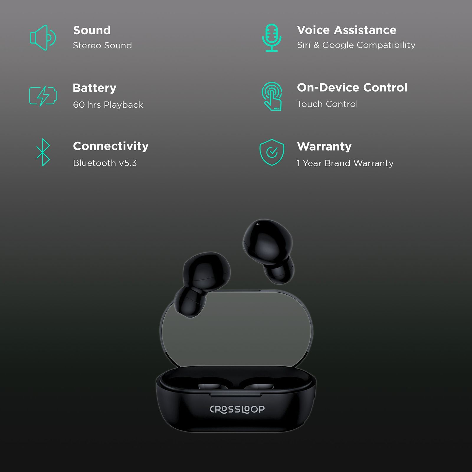 CROSSLOOP Joy Zee Gen 521 TWS Earbuds (IPX3 Sweat Resistant, Auto Pairing, Black)_2