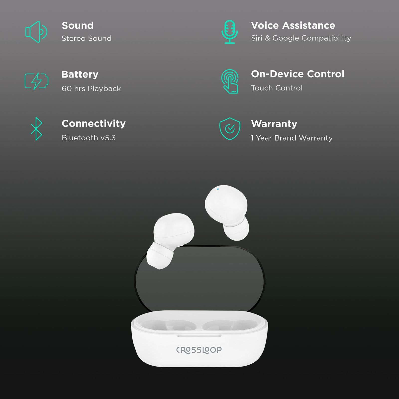 CROSSLOOP Joy Zee Gen 521 TWS Earbuds (IPX3 Sweat Resistant, Auto Pairing, White)_2