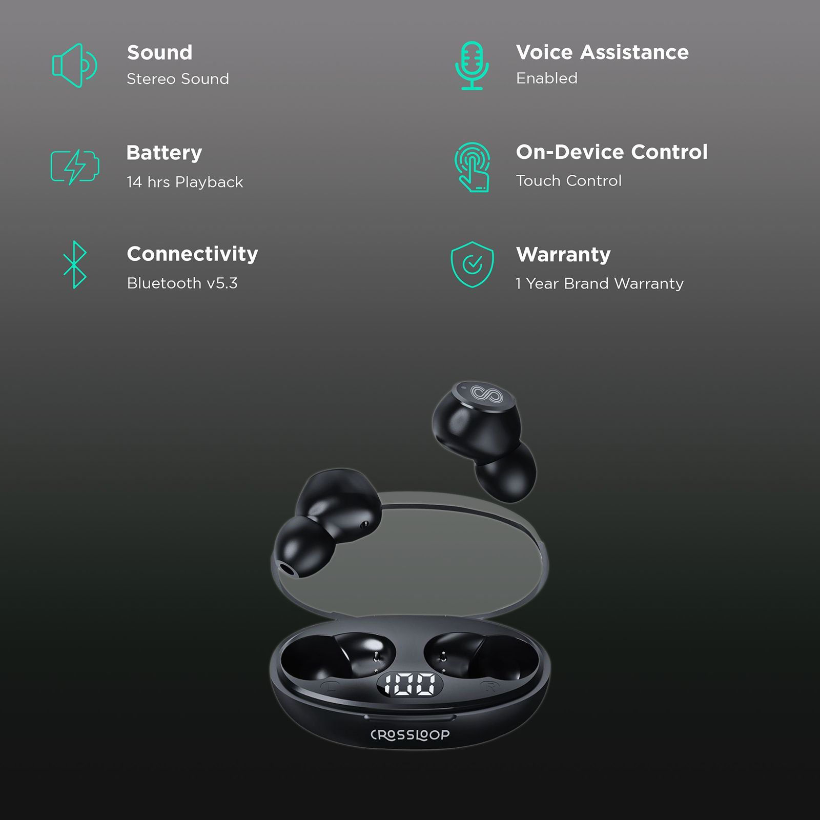 CROSSLOOP Krysta Podz TWS Earbuds (IPX4 Water Resistant, Auto Pairing, Black)_2