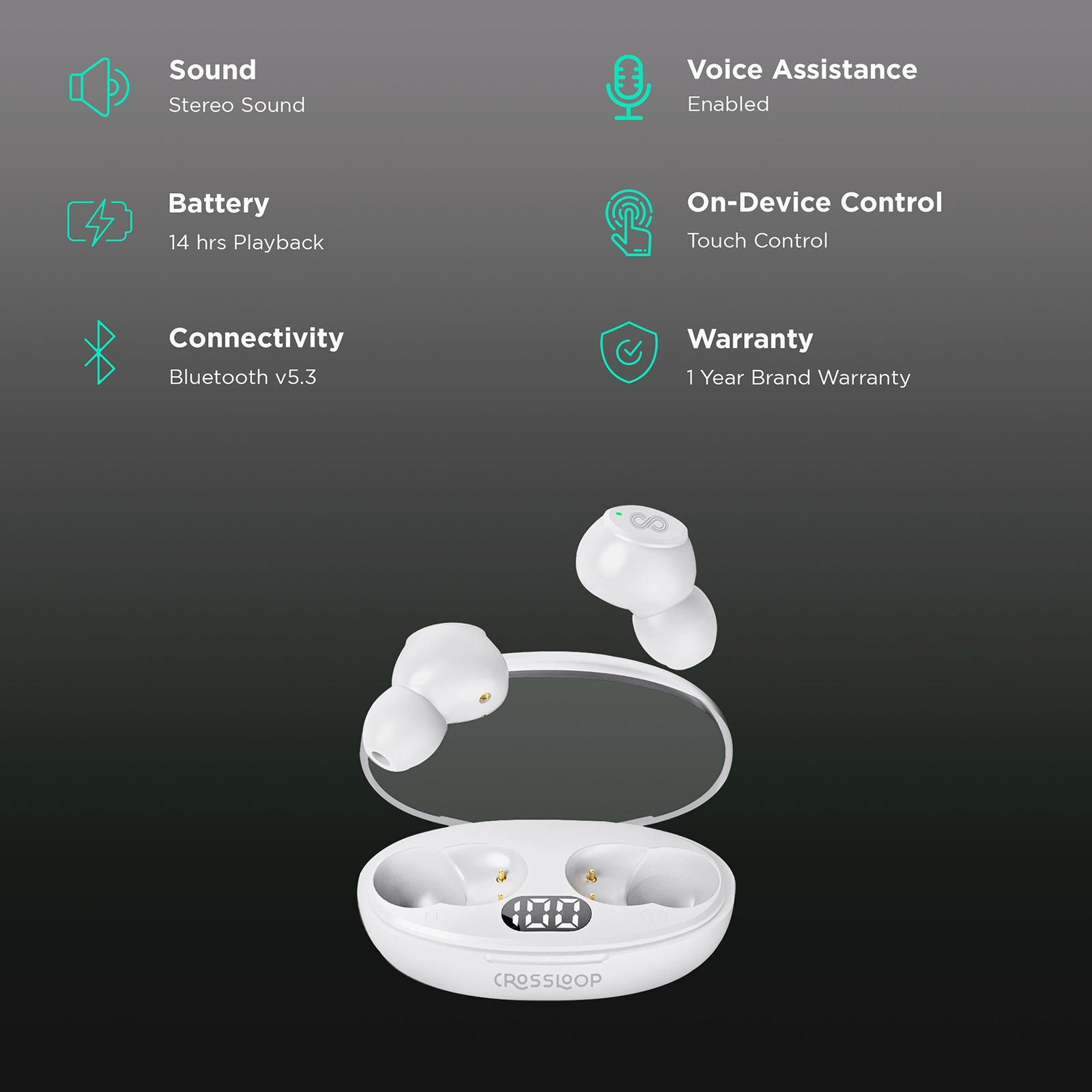 CROSSLOOP Krysta Podz TWS Earbuds (IPX4 Water Resistant, Auto Pairing, White)_2