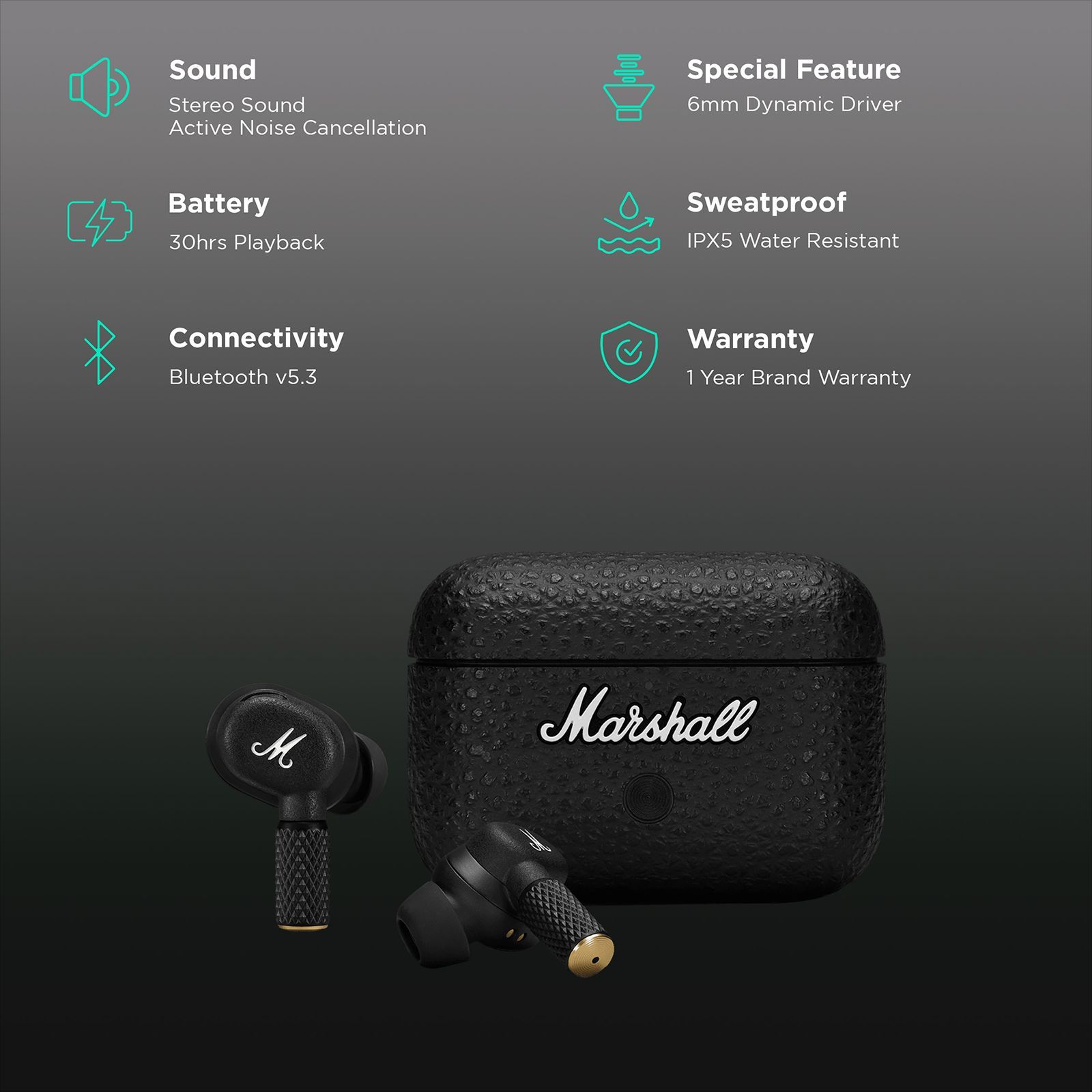 Marshall MOTIF II TWS Earbuds with Active Noise Cancellation (IPX5 Water Resistant, Wireless Charging, Black)_2