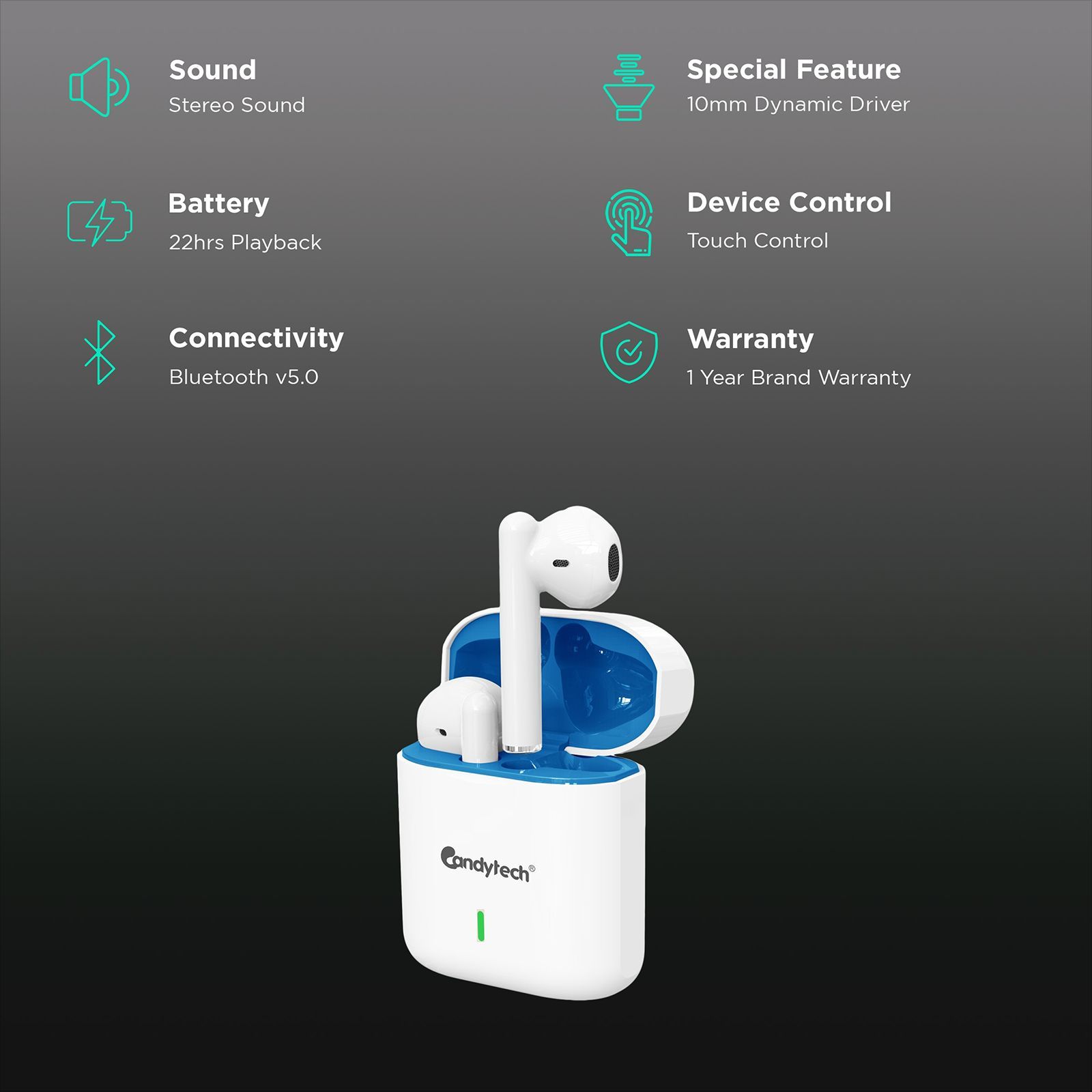 Candytech Emoji TWS Earbuds (Dual Pairing, Blue and White)_2