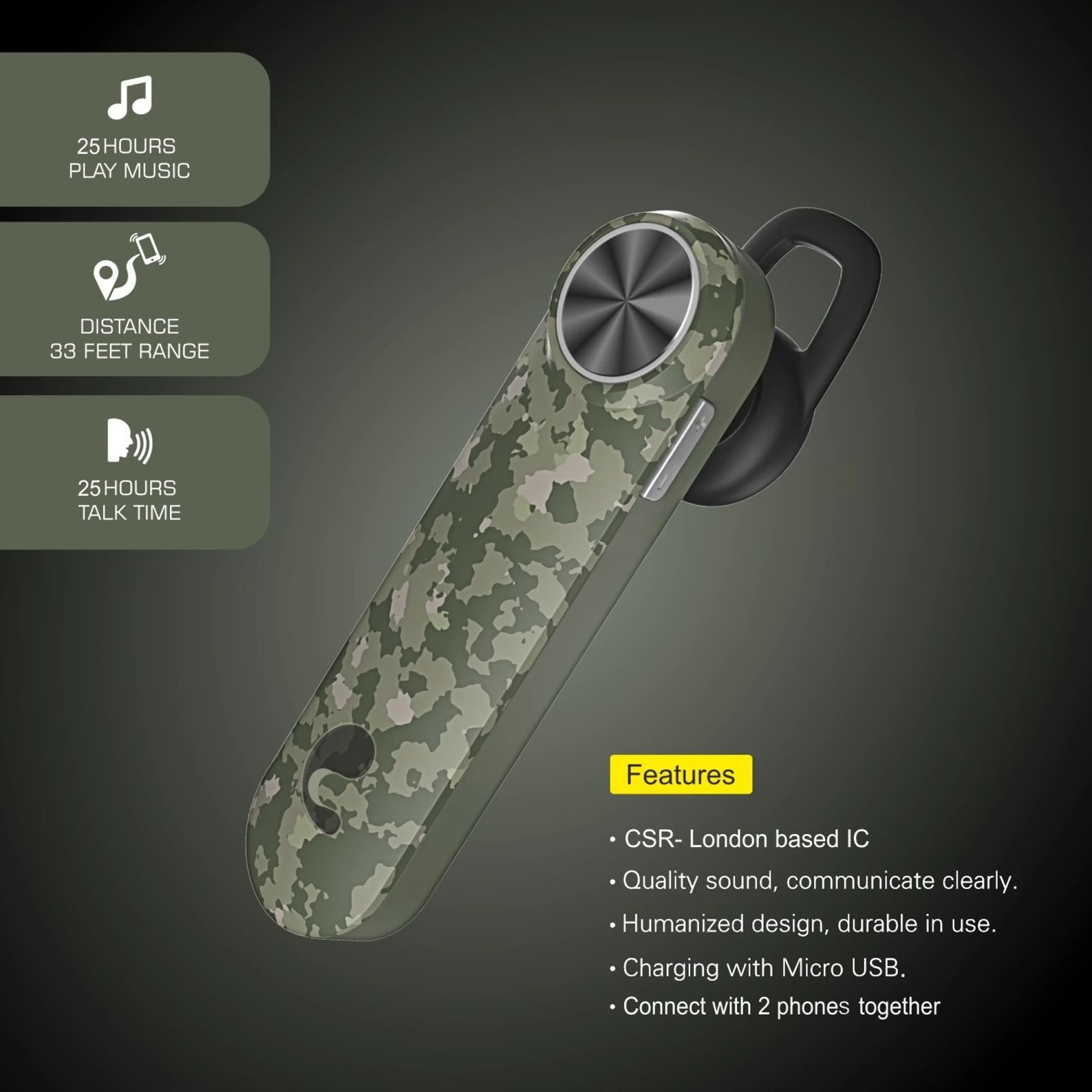 Candytech CT99M Bluetooth Headset with Mic (IPX4 Water Resistant, In Ear, Camo)_5