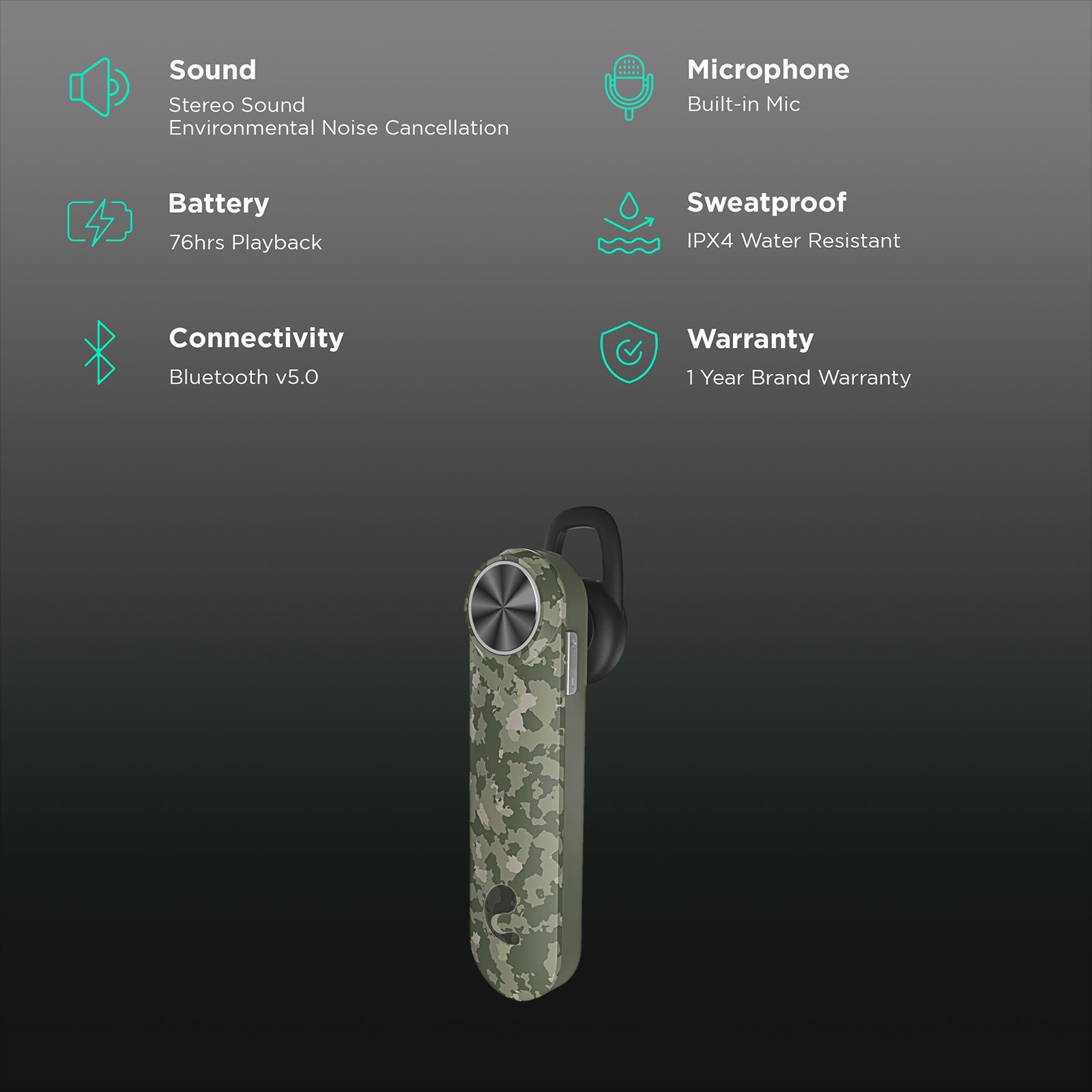 Candytech CT99M Bluetooth Headset with Mic (IPX4 Water Resistant, In Ear, Camo)_2