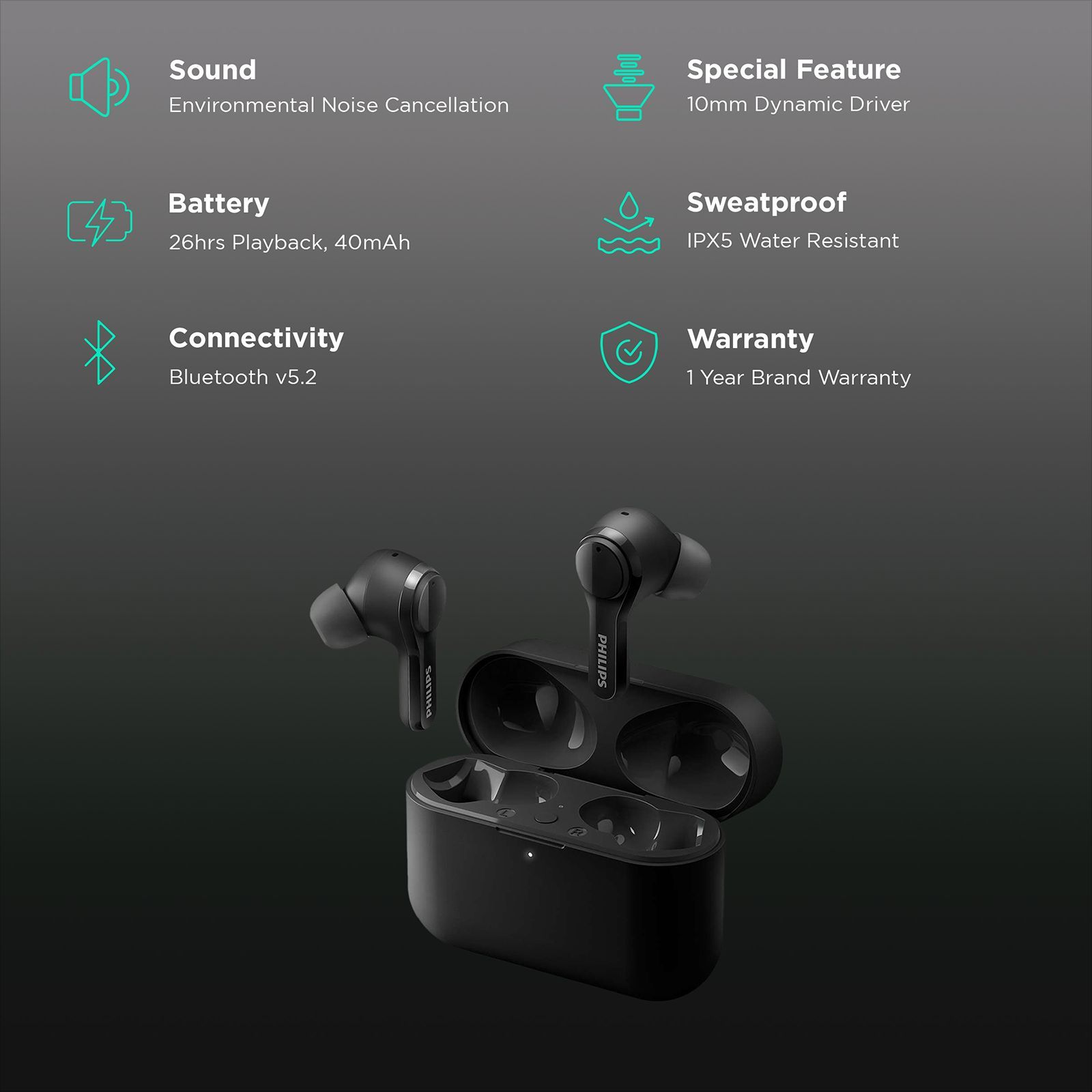 PHILIPS TAT3217BK00 TWS Earbuds with Environmental Noise Cancellation (IPX5 Water & Sweat Resistant, Quick Boost Charge, Black)_2