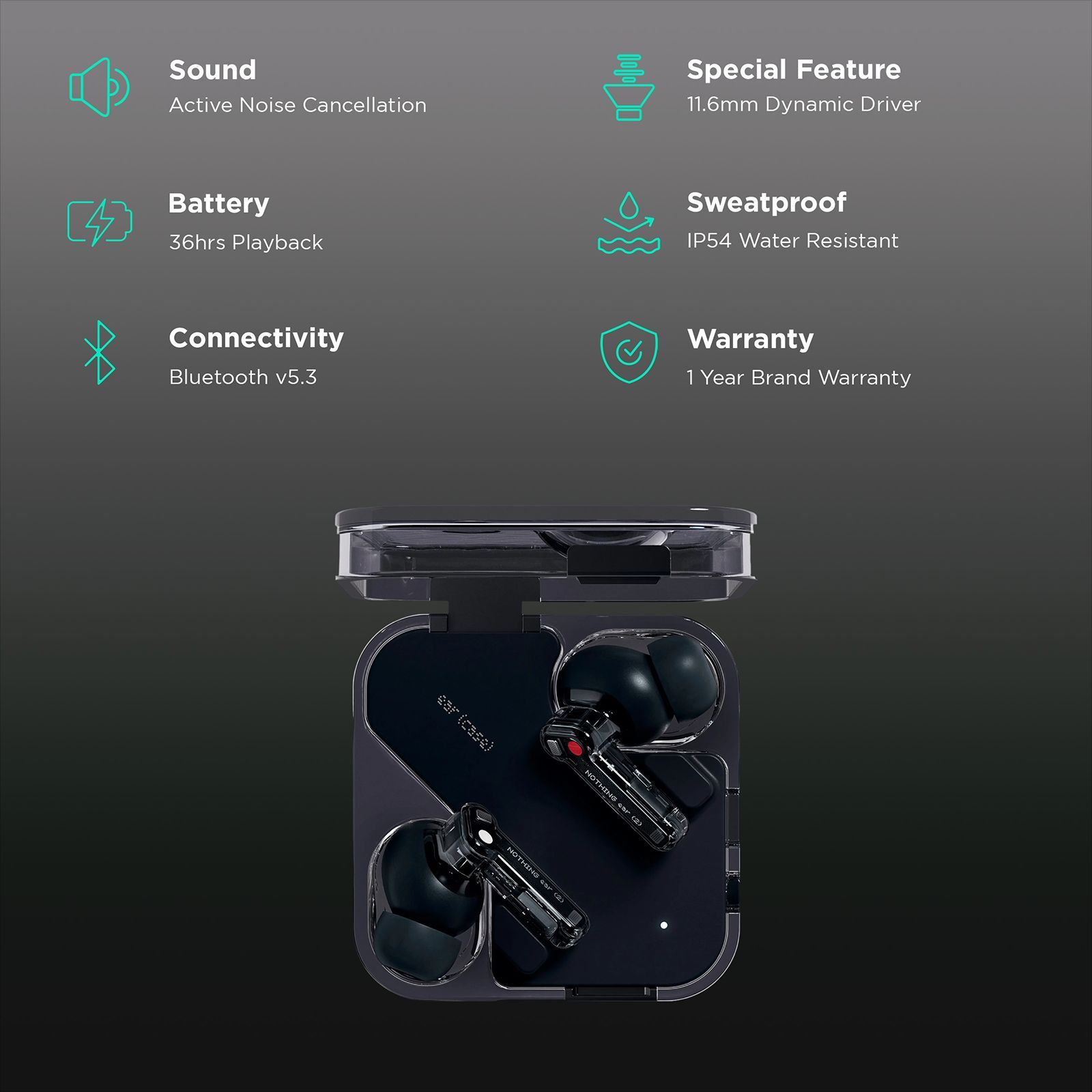 Nothing Ear 2 A10600027 TWS Earbuds with Active Noise Cancellation (IP54 Water Resistant, Fast Charging, Black)_2