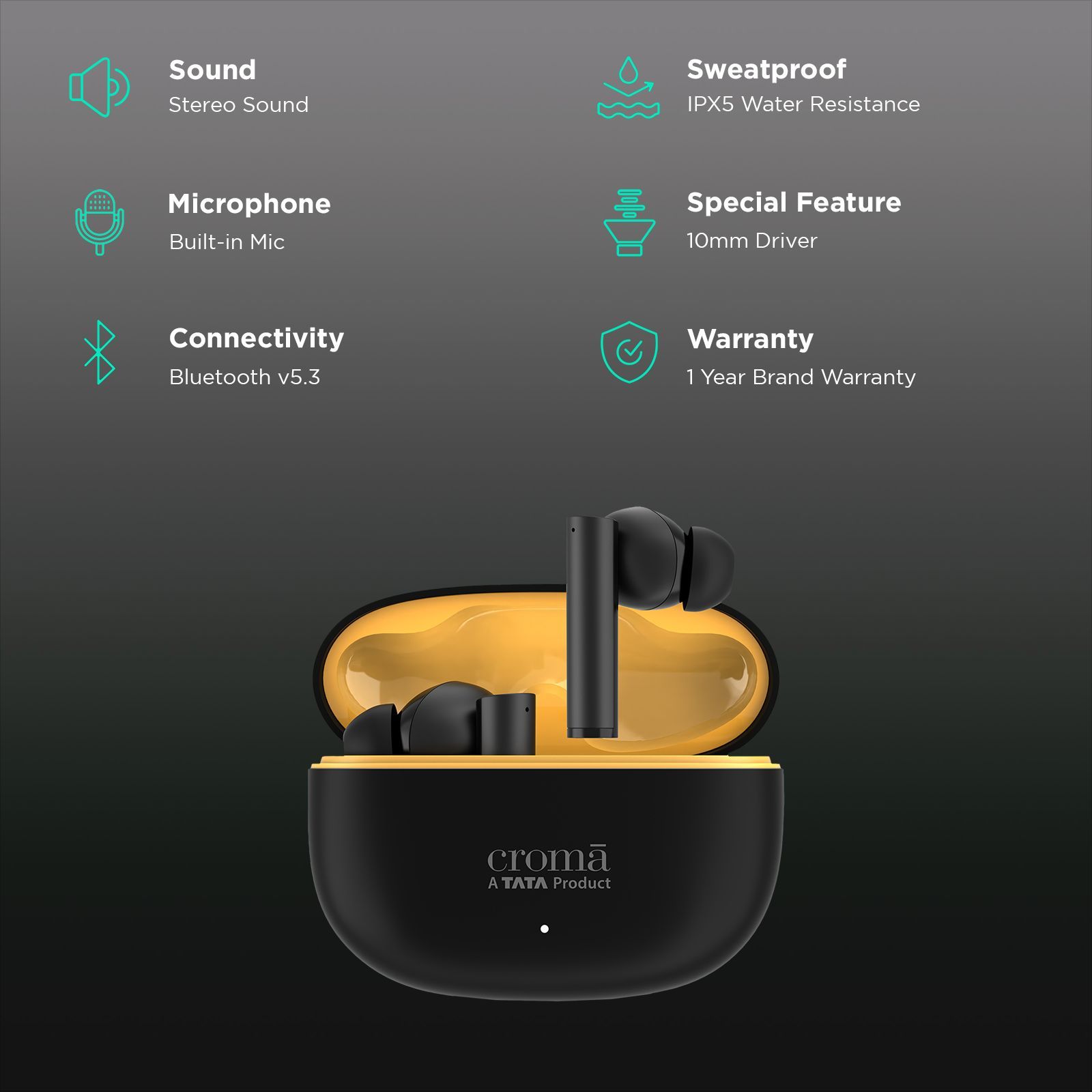 Croma IE 771 CRSE030EPA301506 TWS Earbuds with Environmental Noise Cancellation (IPX5 Water Resistant, 38 Hours Playback, Black)_2