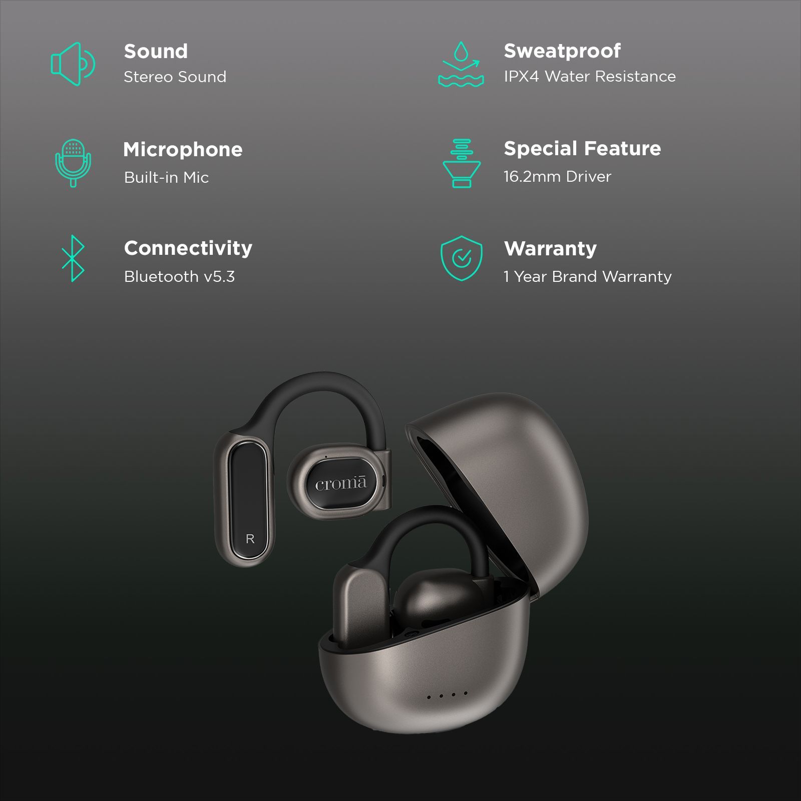 Croma TWS Earbuds (IPX4 Water & Sweat Resistant, Air conduction Technology, Black)_2