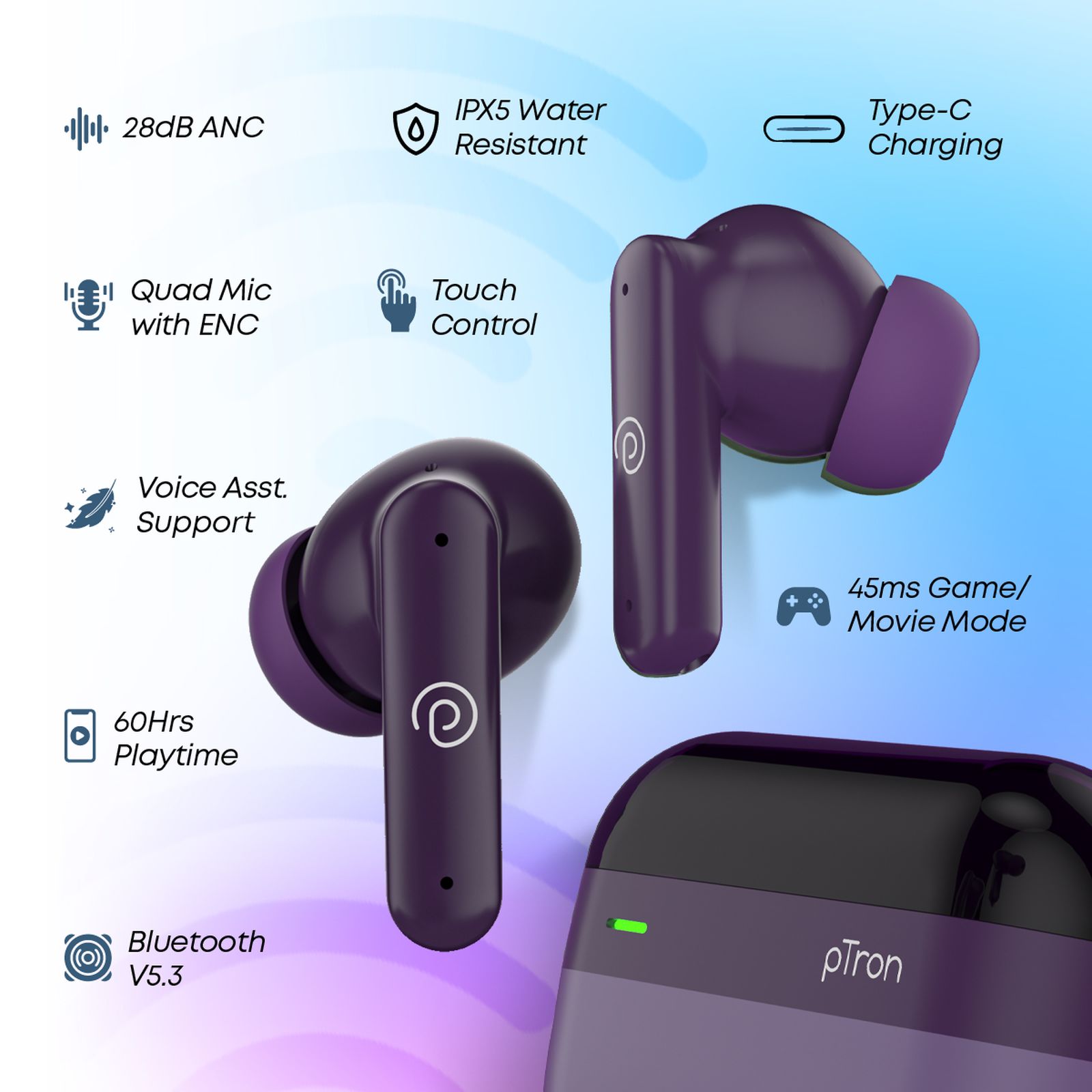 pTron BudSENS 1 TWS Earbuds with Active Noise Cancellation (IPX5 Water Resistant, Fast Charging, Purple)_5