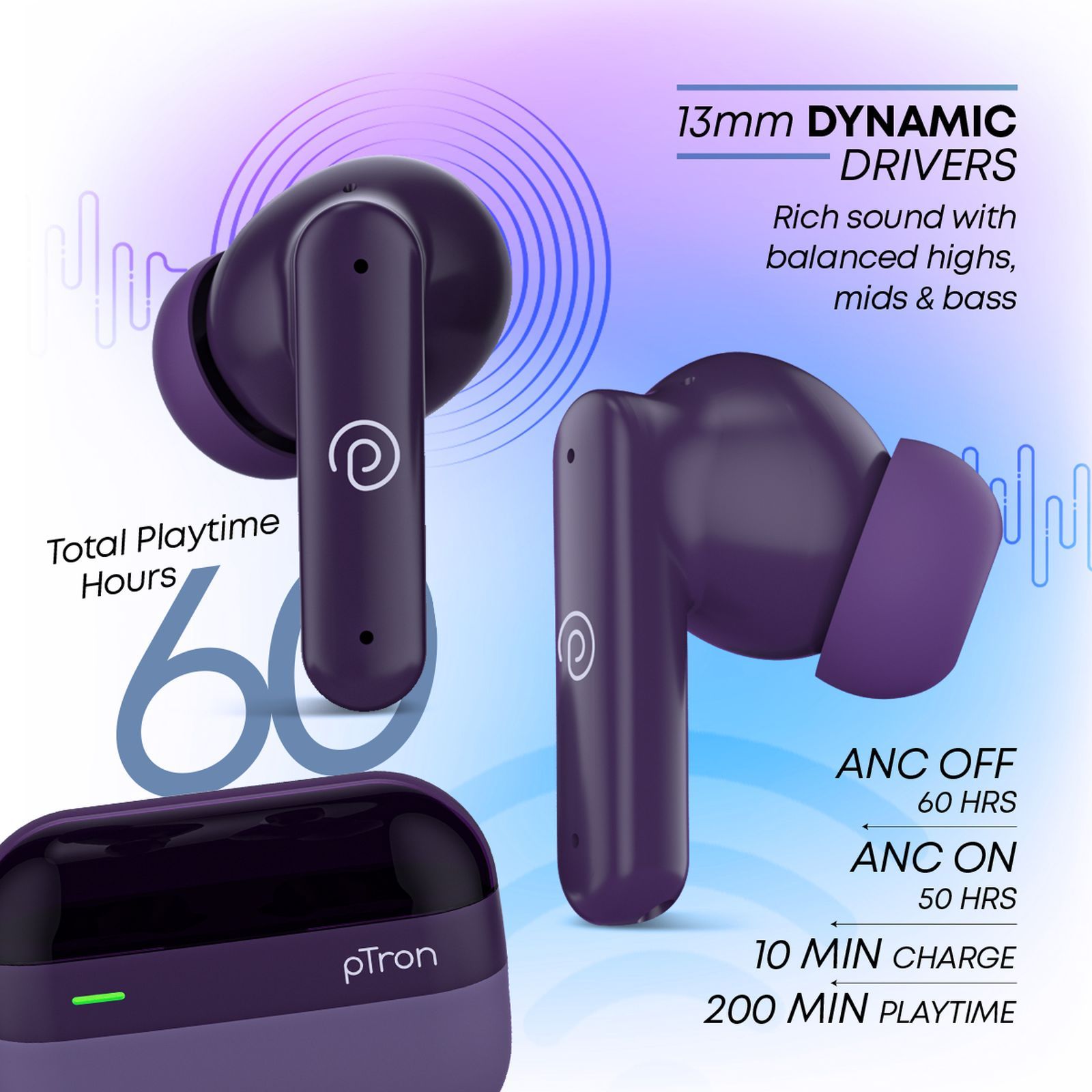 pTron BudSENS 1 TWS Earbuds with Active Noise Cancellation (IPX5 Water Resistant, Fast Charging, Purple)_3