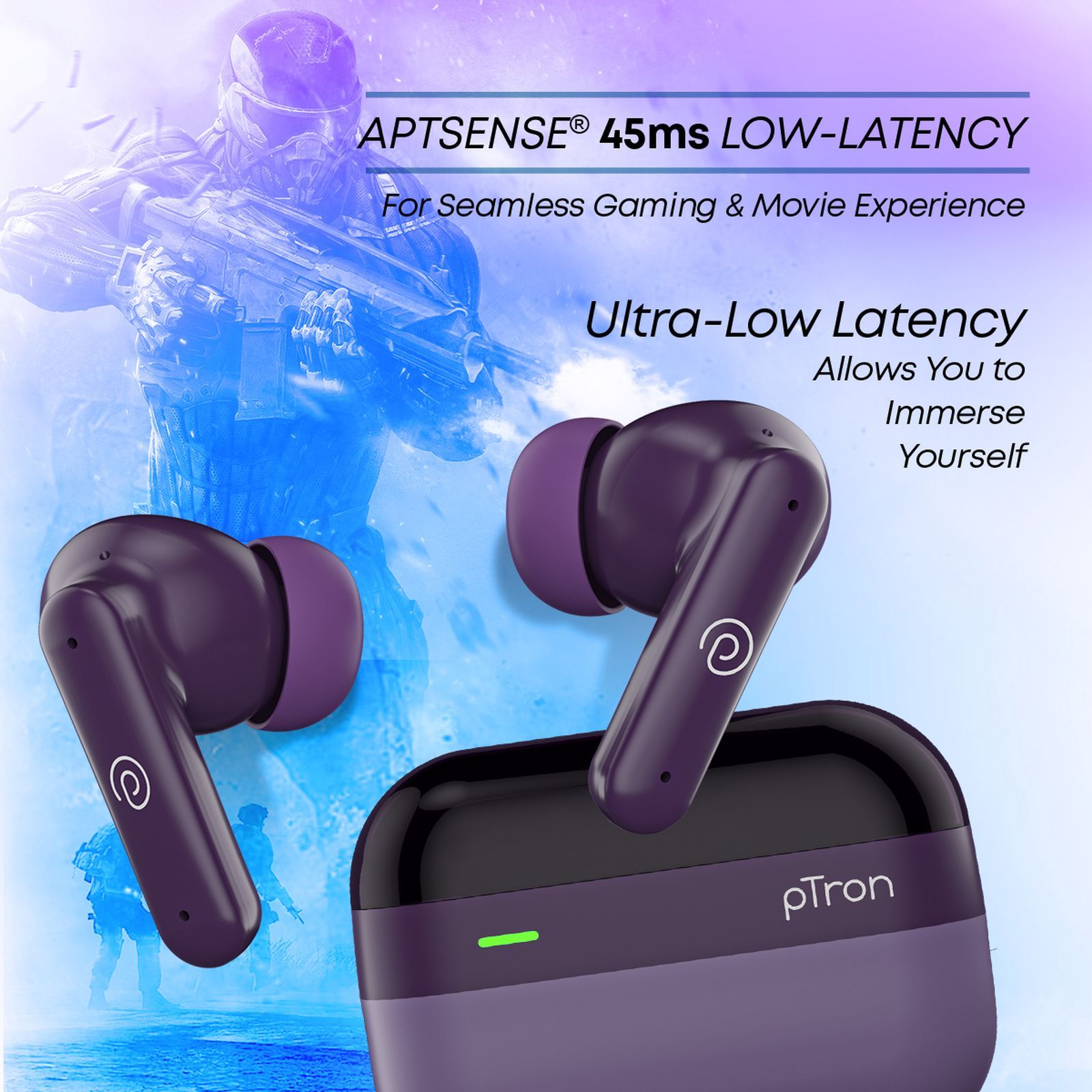 pTron BudSENS 1 TWS Earbuds with Active Noise Cancellation (IPX5 Water Resistant, Fast Charging, Purple)_4