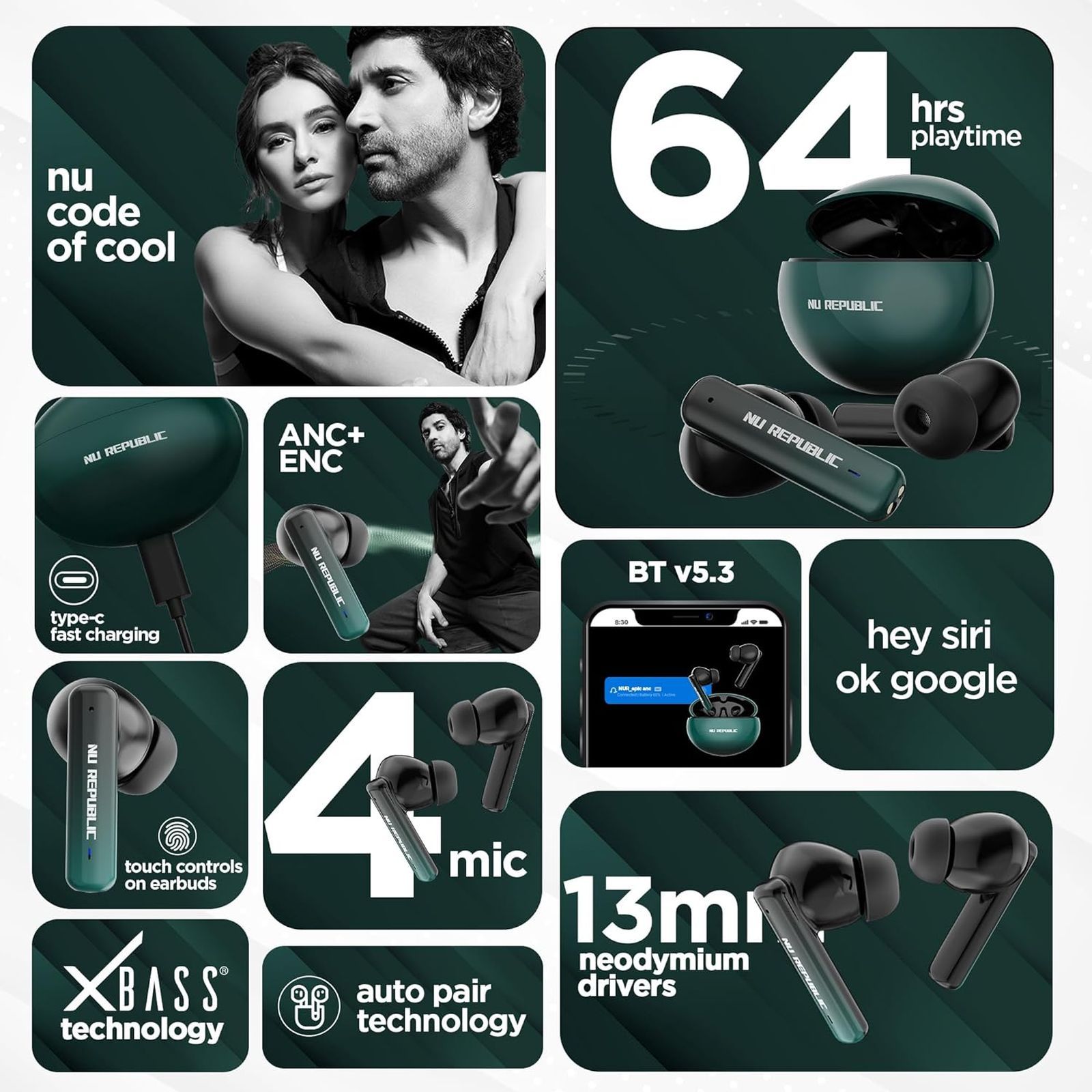 NU Republic Epic TWS Earbuds with Active Noise Cancellation (IPX5 Water Resistant, Fast Charge, Green)_7