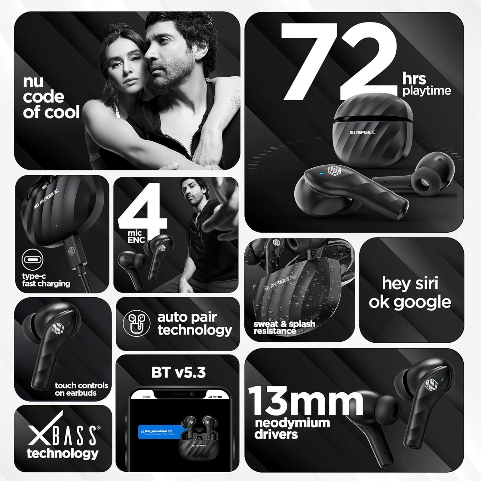 NU Republic Epic Extreme TWS Earbuds with Passive Noise Cancellation (IPX5 Sweat Resistant, X-Bass, Black) NU Republic Epic Extreme TWS Earbuds with Passive Noise Cancellation (IPX5 Sweat Resistant, X-Bass, Black)_3
