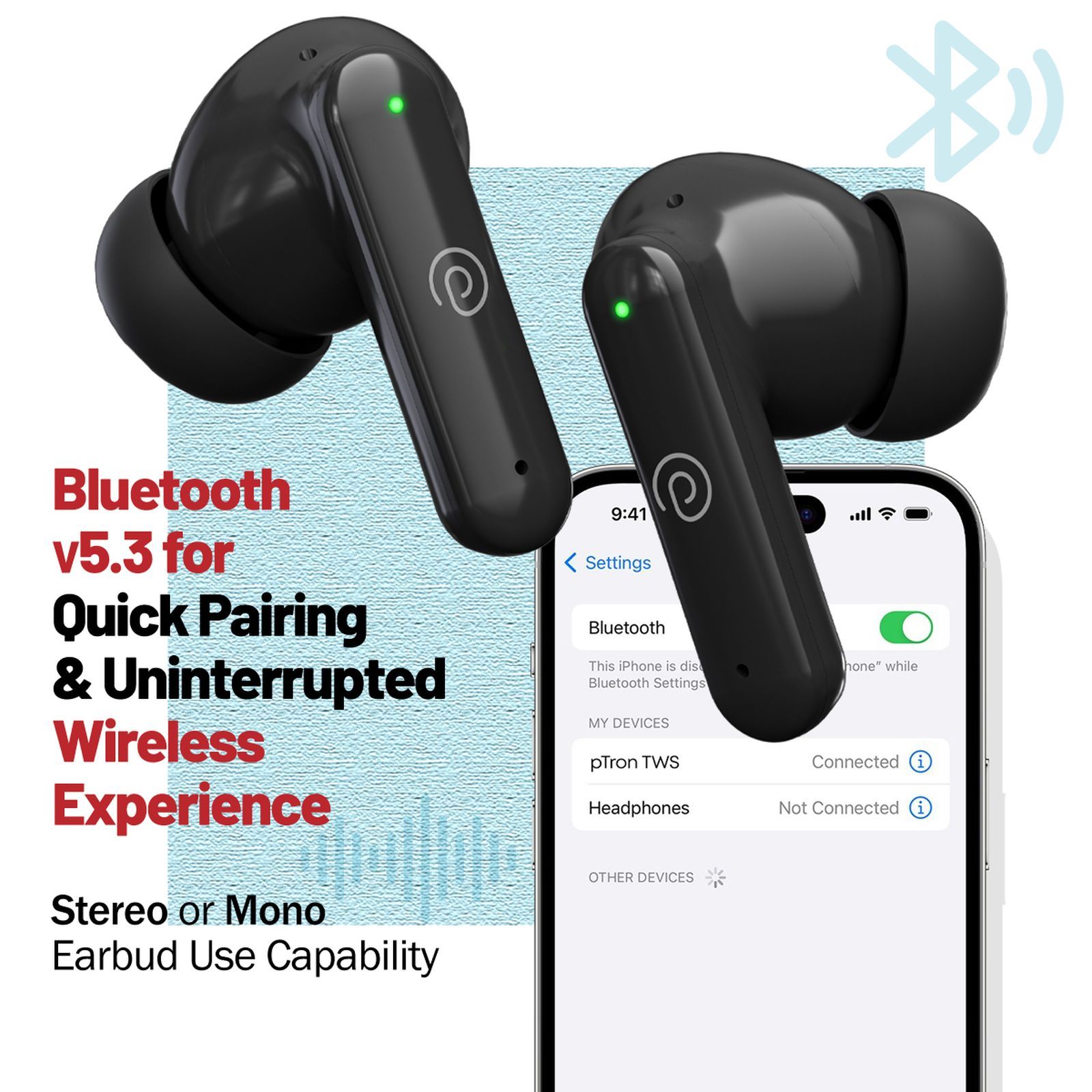 pTron Basspods Sync TWS Earbuds with Passive Noise Cancellation (IPX5 Water Resistant, Crystal Clear Stereo Call, Black)_5