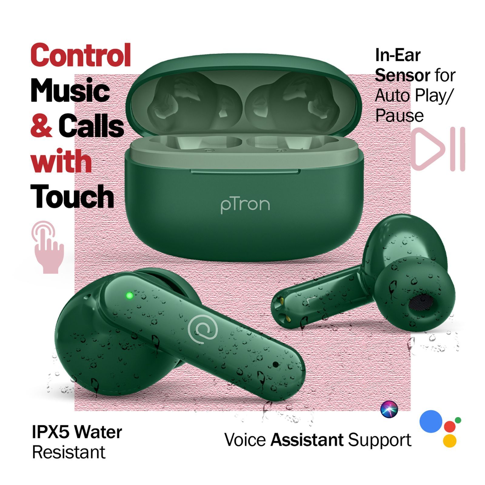 pTron Basspods Sync TWS Earbuds with Passive Noise Cancellation (IPX5 Water Resistant, Crystal Clear Stereo Call, Green)_6