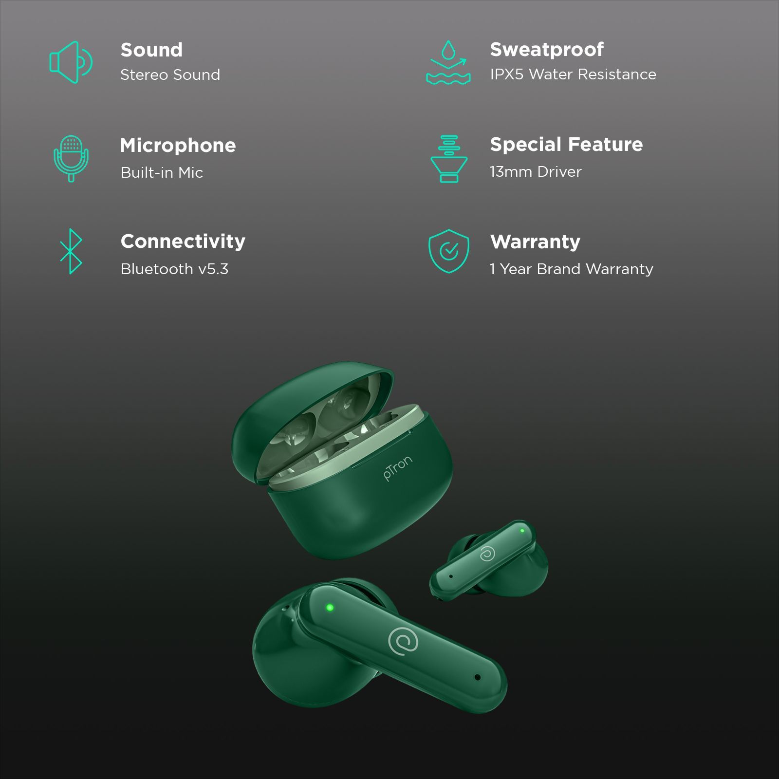 pTron Basspods Sync TWS Earbuds with Passive Noise Cancellation (IPX5 Water Resistant, Crystal Clear Stereo Call, Green)_2