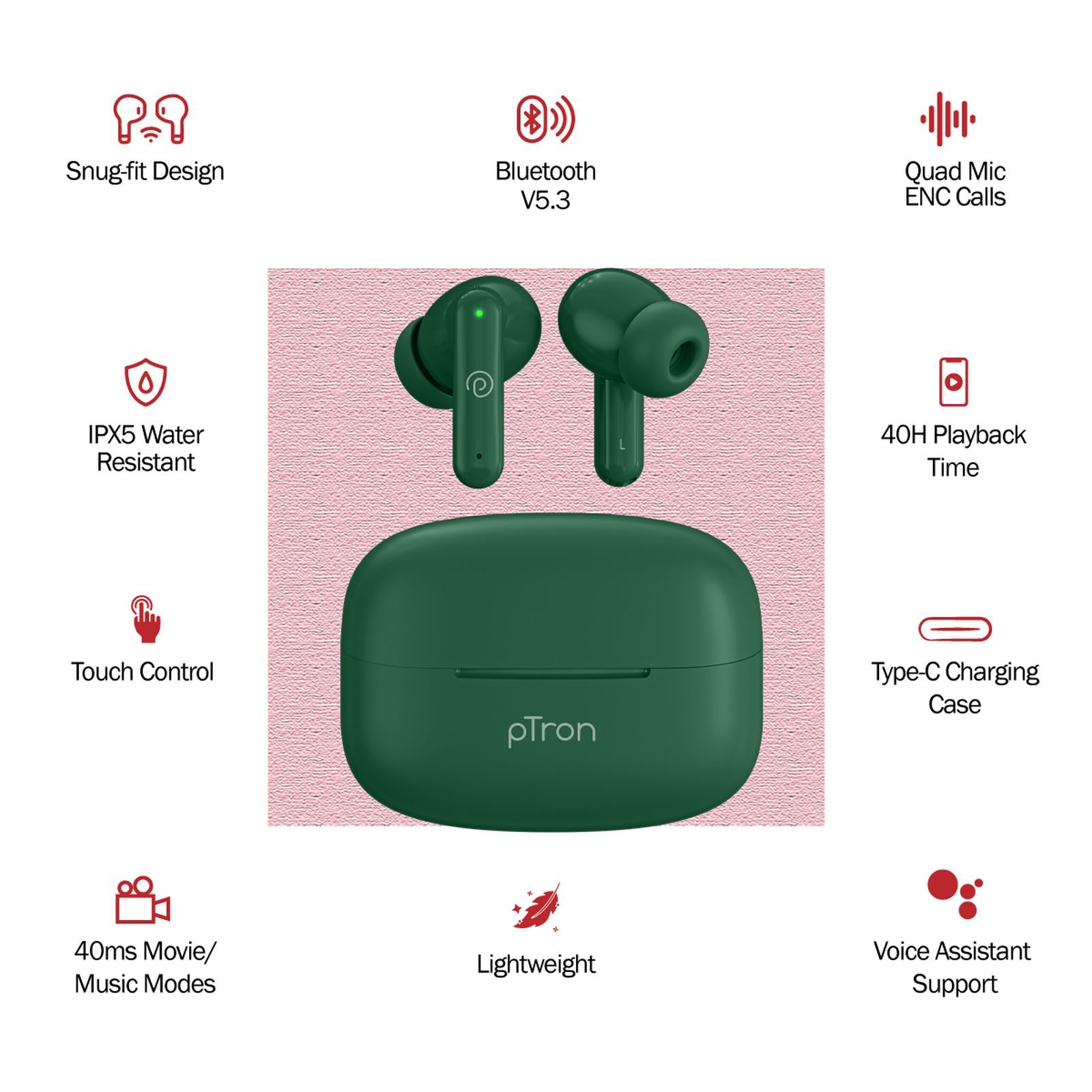 pTron Basspods Sync TWS Earbuds with Passive Noise Cancellation (IPX5 Water Resistant, Crystal Clear Stereo Call, Green)_3