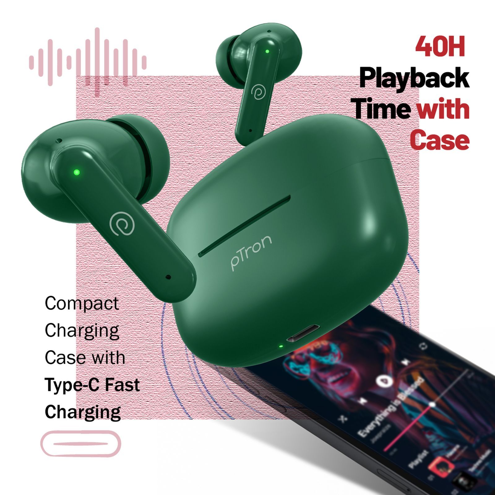 pTron Basspods Sync TWS Earbuds with Passive Noise Cancellation (IPX5 Water Resistant, Crystal Clear Stereo Call, Green)_5