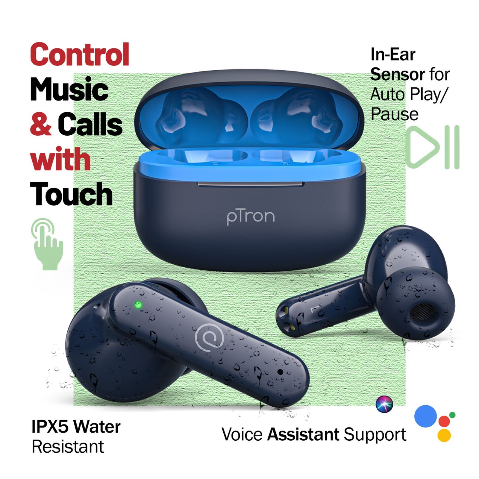 pTron Basspods Sync TWS Earbuds with Passive Noise Cancellation (IPX5 Water Resistant, Crystal Clear Stereo Call, Blue)_6