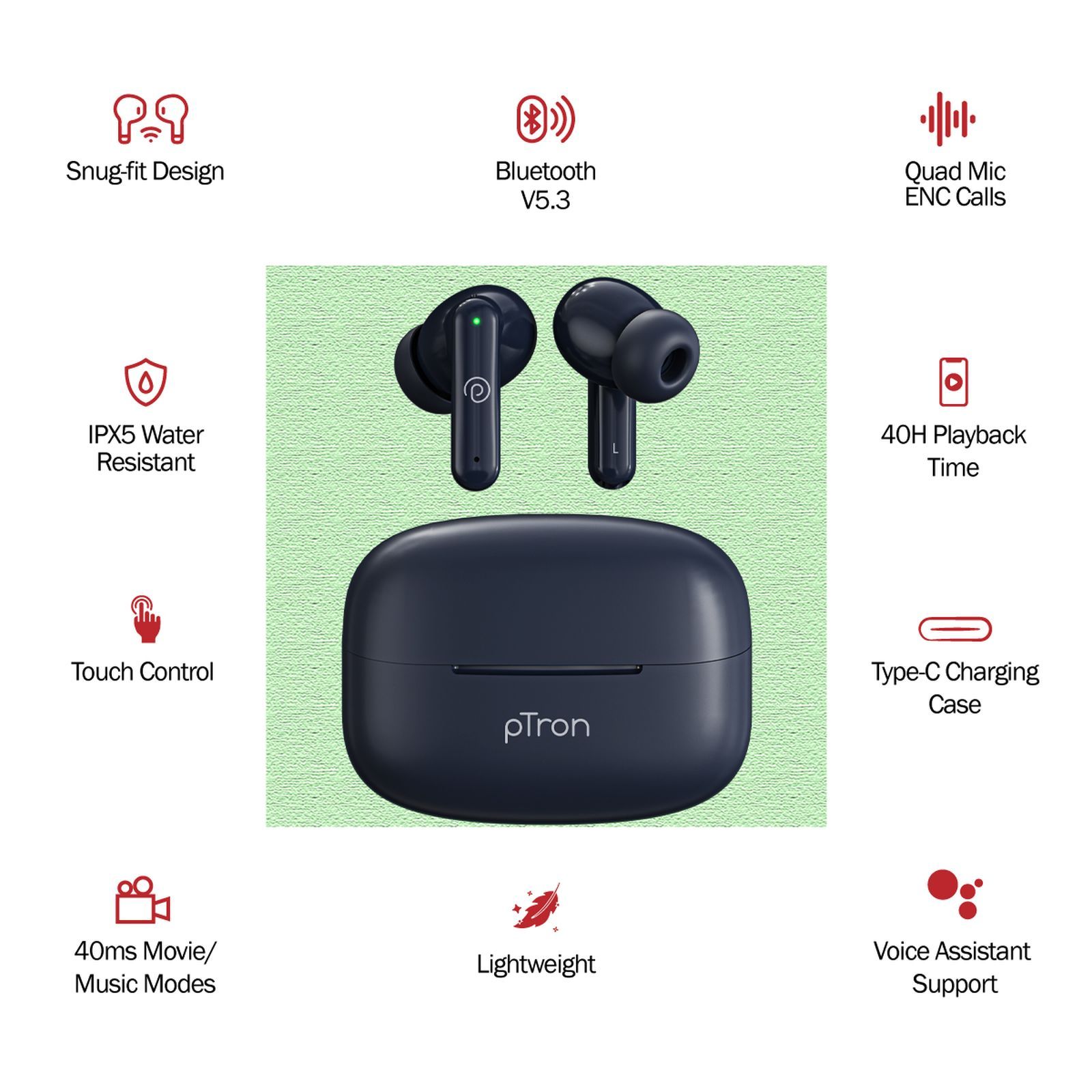 pTron Basspods Sync TWS Earbuds with Passive Noise Cancellation (IPX5 Water Resistant, Crystal Clear Stereo Call, Blue)_8