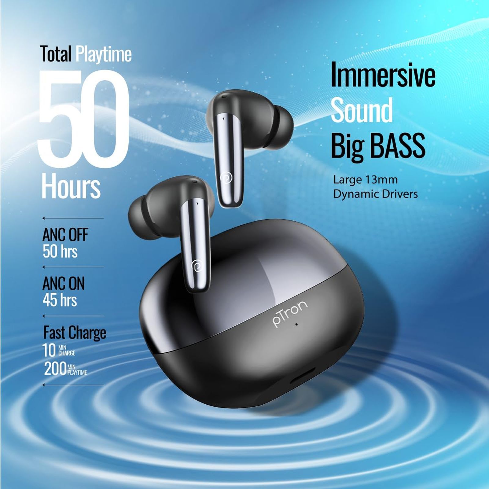 pTron Zenbuds Ultima TWS Earbuds with Active Noise Cancellation (IPX5 Water and Sweat Resistant, 4D Panaromic Audio, Black)_3