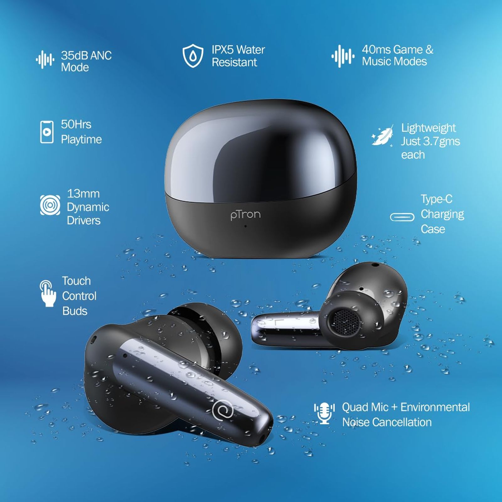 pTron Zenbuds Ultima TWS Earbuds with Active Noise Cancellation (IPX5 Water and Sweat Resistant, 4D Panaromic Audio, Black)_5