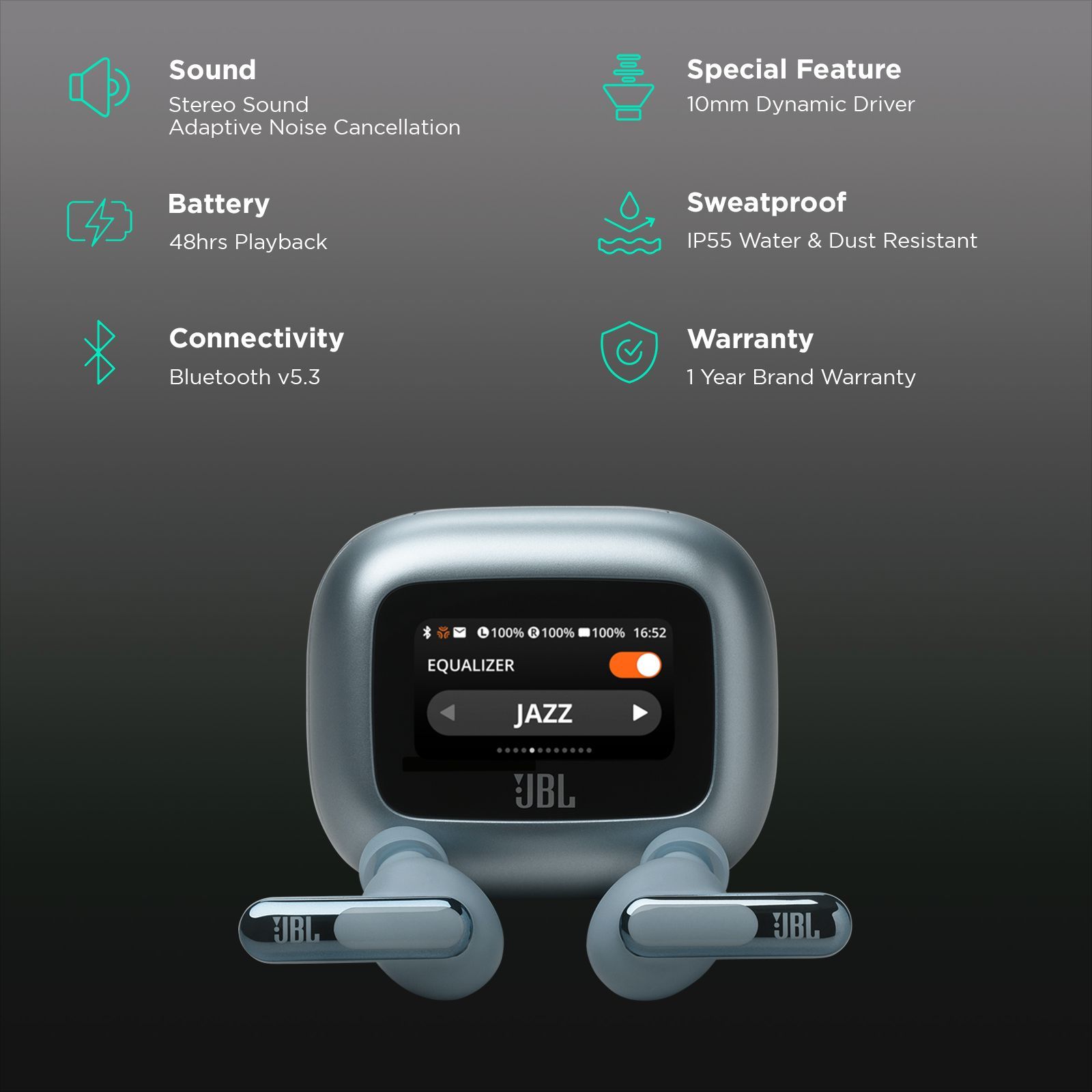 JBL Live Beam 3 TWS Earbuds with Adaptive Noise Cancellation (IP55 Waterproof & Dustproof, Touchscreen Display, Blue) JBL Live Beam 3 TWS Earbuds with Adaptive Noise Cancellation (IP55 Waterproof & Dustproof, Touchscreen Display, Blue)_2