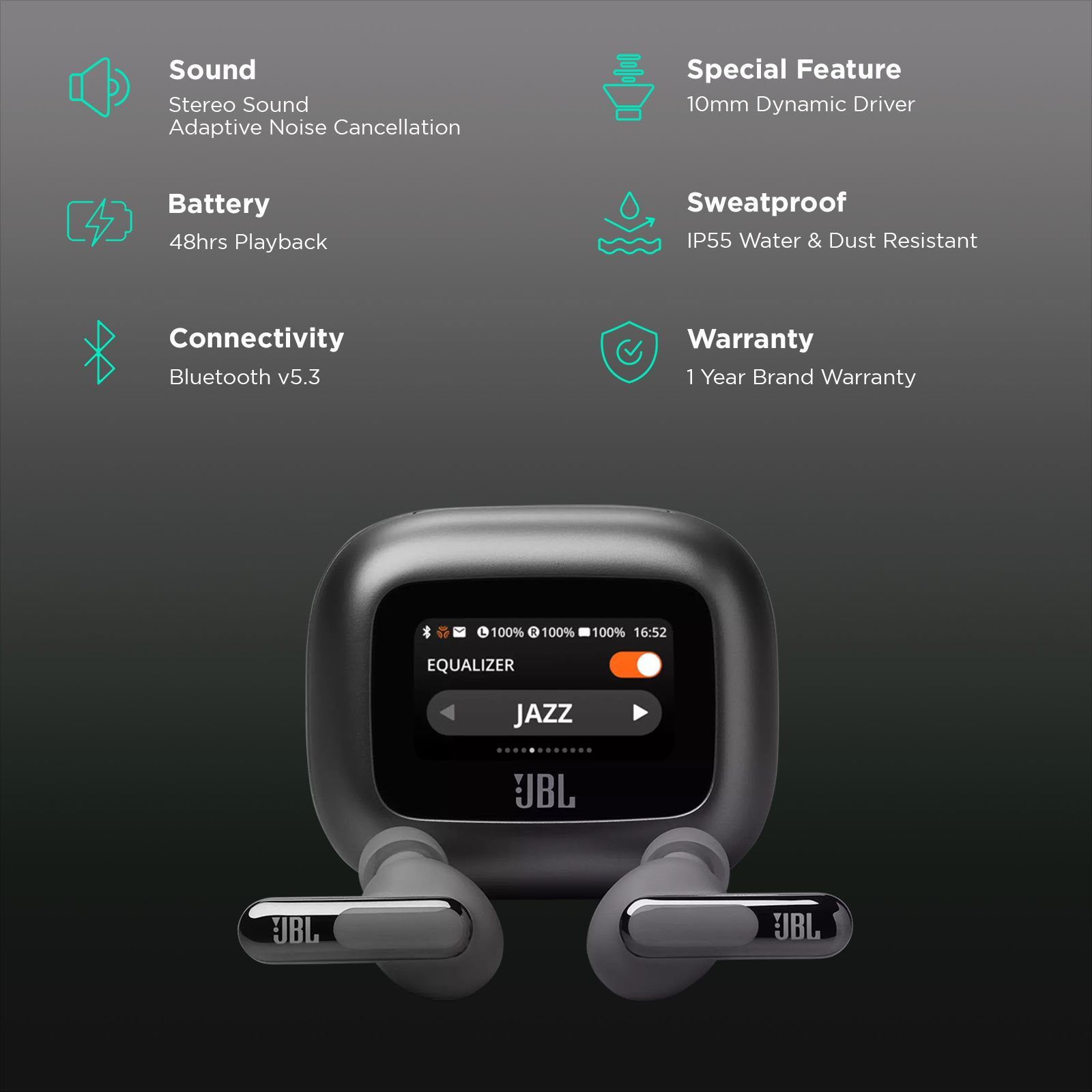 JBL Live Beam 3 TWS Earbuds with Adaptive Noise Cancellation (IP55 Waterproof & Dustproof, Touchscreen Display, Black) JBL Live Beam 3 TWS Earbuds with Adaptive Noise Cancellation (IP55 Waterproof & Dustproof, Touchscreen Display, Black)_2