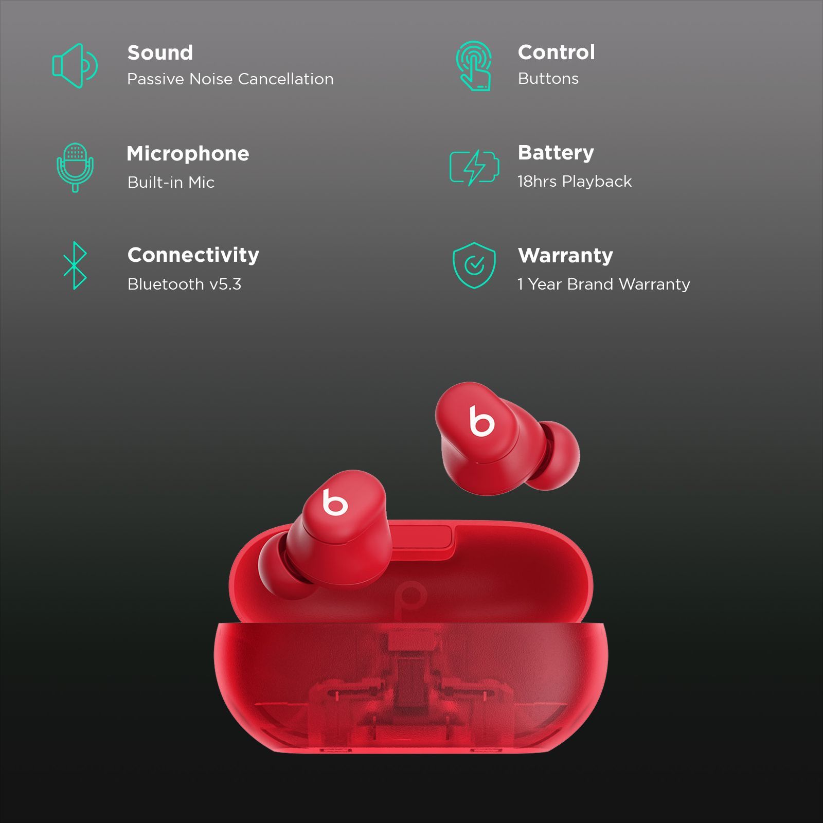 beats Solo TWS Earbuds with Passive Noise Isolation (18 Hours Playback, Transparent Red)_2